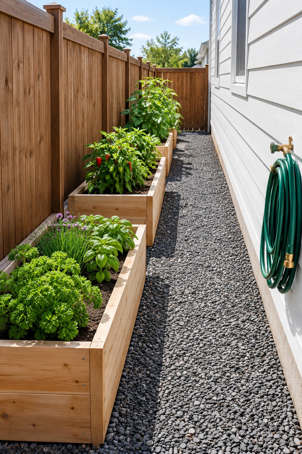 Narrow side yard raised garden beds layout with three slim cedar beds in a line against a tall wooden fence, a gray gravel path beside a clapboard house and bush beans, peppers and herbs