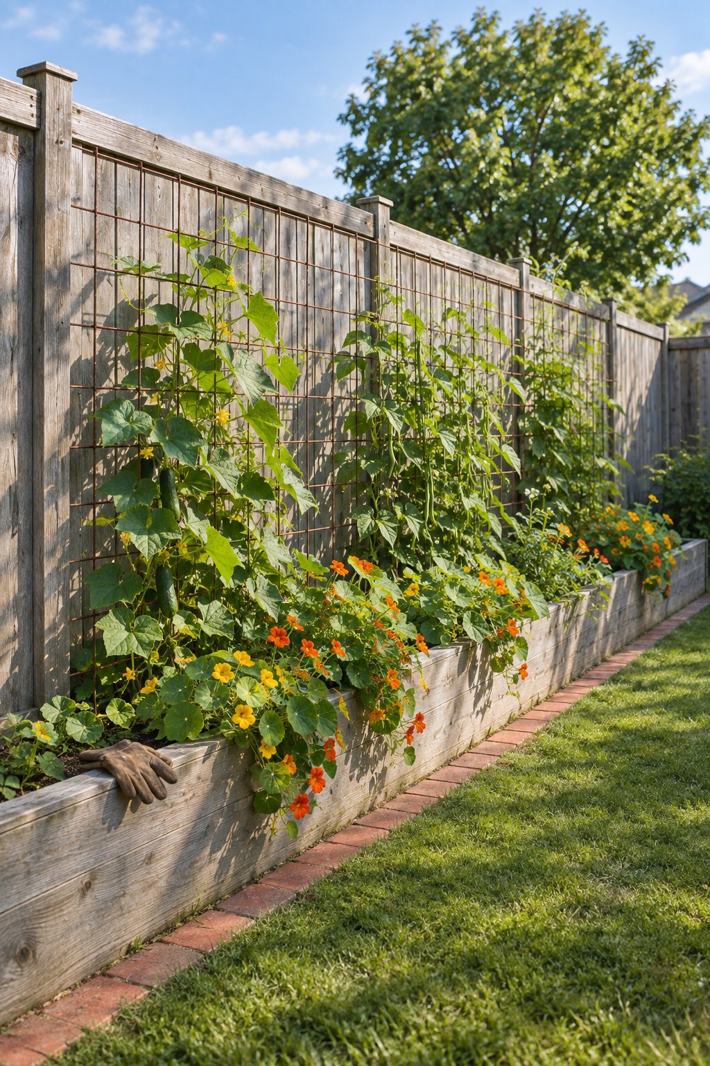 Raised garden beds along fence with a wire panel trellis, cucumbers and pole beans climbing, nasturtiums spilling over the front and a brick-edged strip of lawn