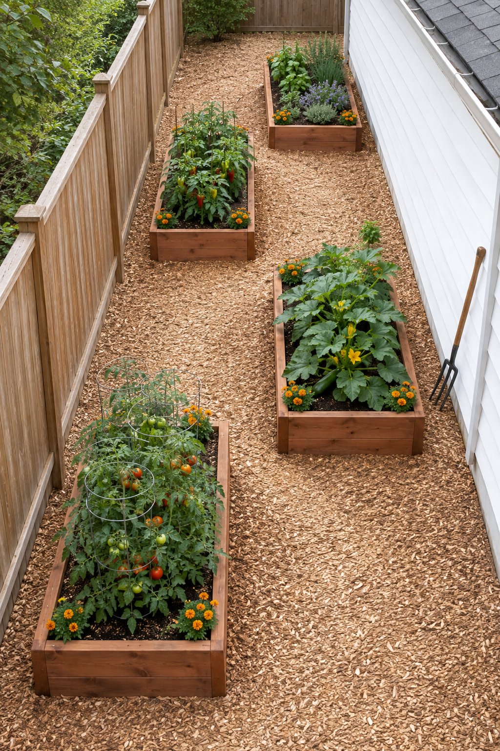 Raised garden designs layout for a long narrow backyard, four staggered cedar beds with a winding wood-chip path, tomatoes, zucchini, peppers, herbs and marigolds between a wooden fence and a garage wall