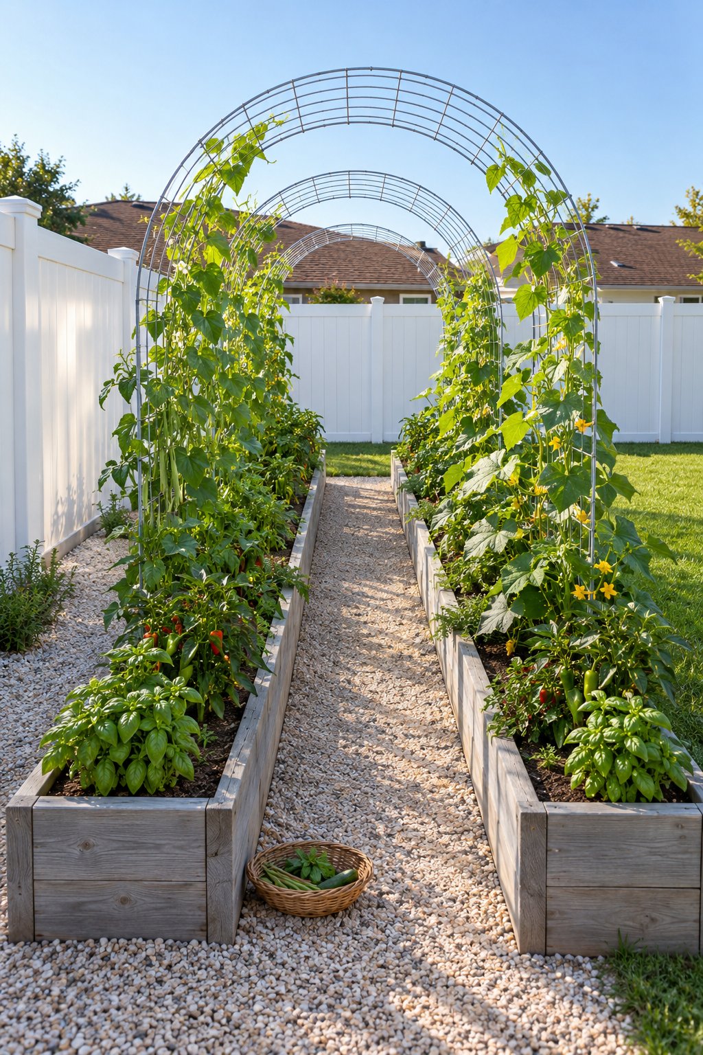 Raised garden beds with trellis arches in a narrow backyard, two long beds with wire panel arches over a gravel path, pole beans and cucumbers climbing, a white vinyl fence behind