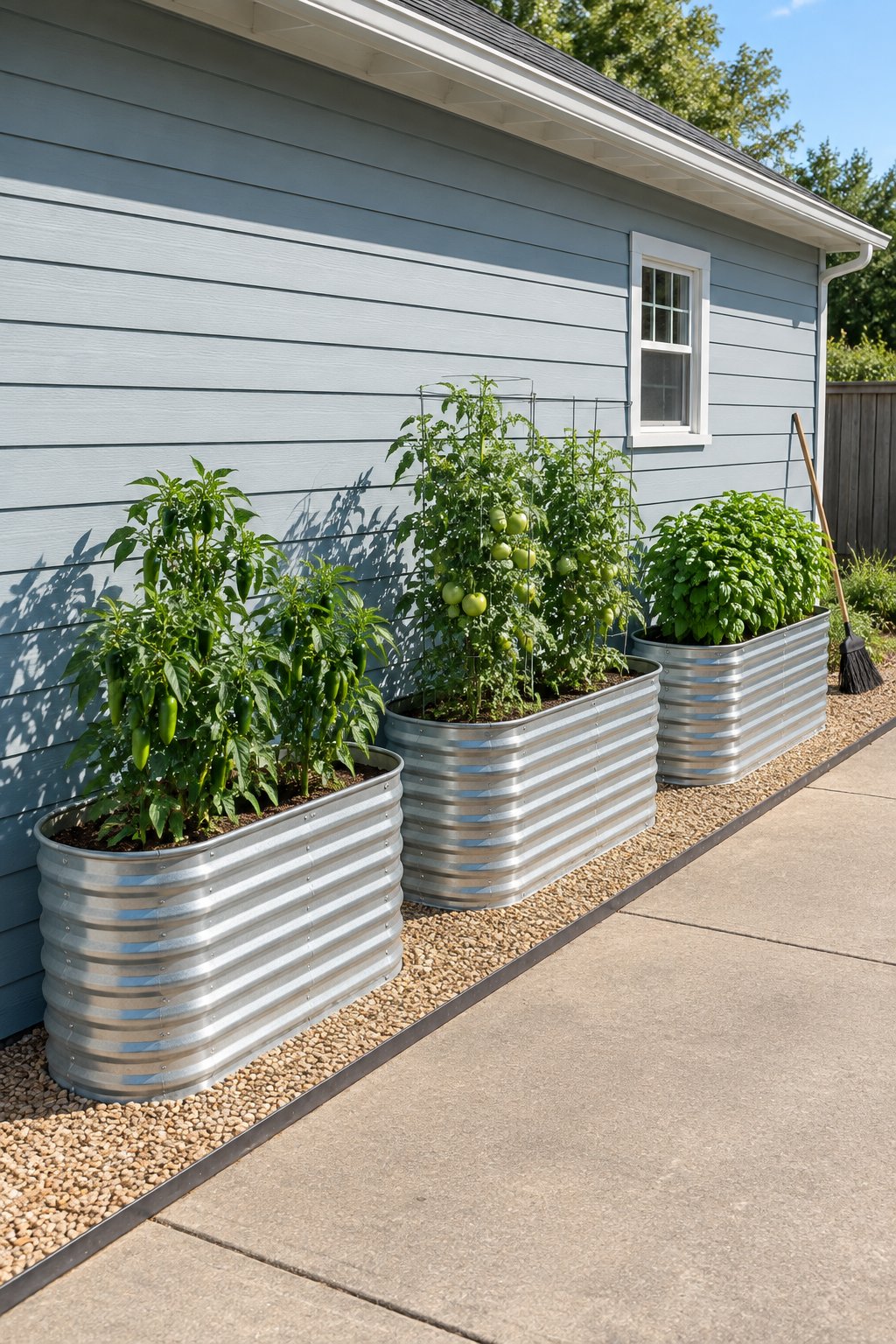 Three tall corrugated metal raised garden beds in a row against a sunny garage wall on gravel, planted with peppers, tomatoes and basil beside a concrete driveway