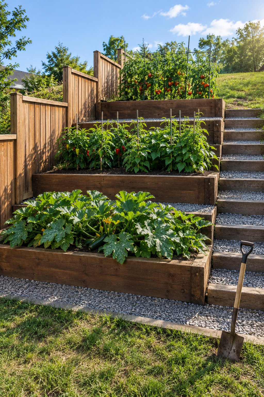 Raised garden beds on a slope, three terraced timber beds stepping down a backyard with gravel side steps, tomatoes on top, peppers and bush beans in the middle and zucchini at the bottom