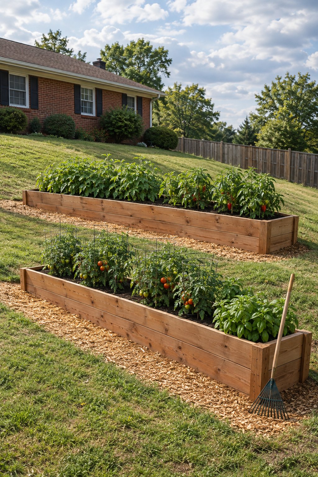 Two long cedar raised garden beds running across a gentle slope, deeper on the downhill side, with wood-chip paths, bush beans, peppers, tomatoes and basil below a brick ranch house