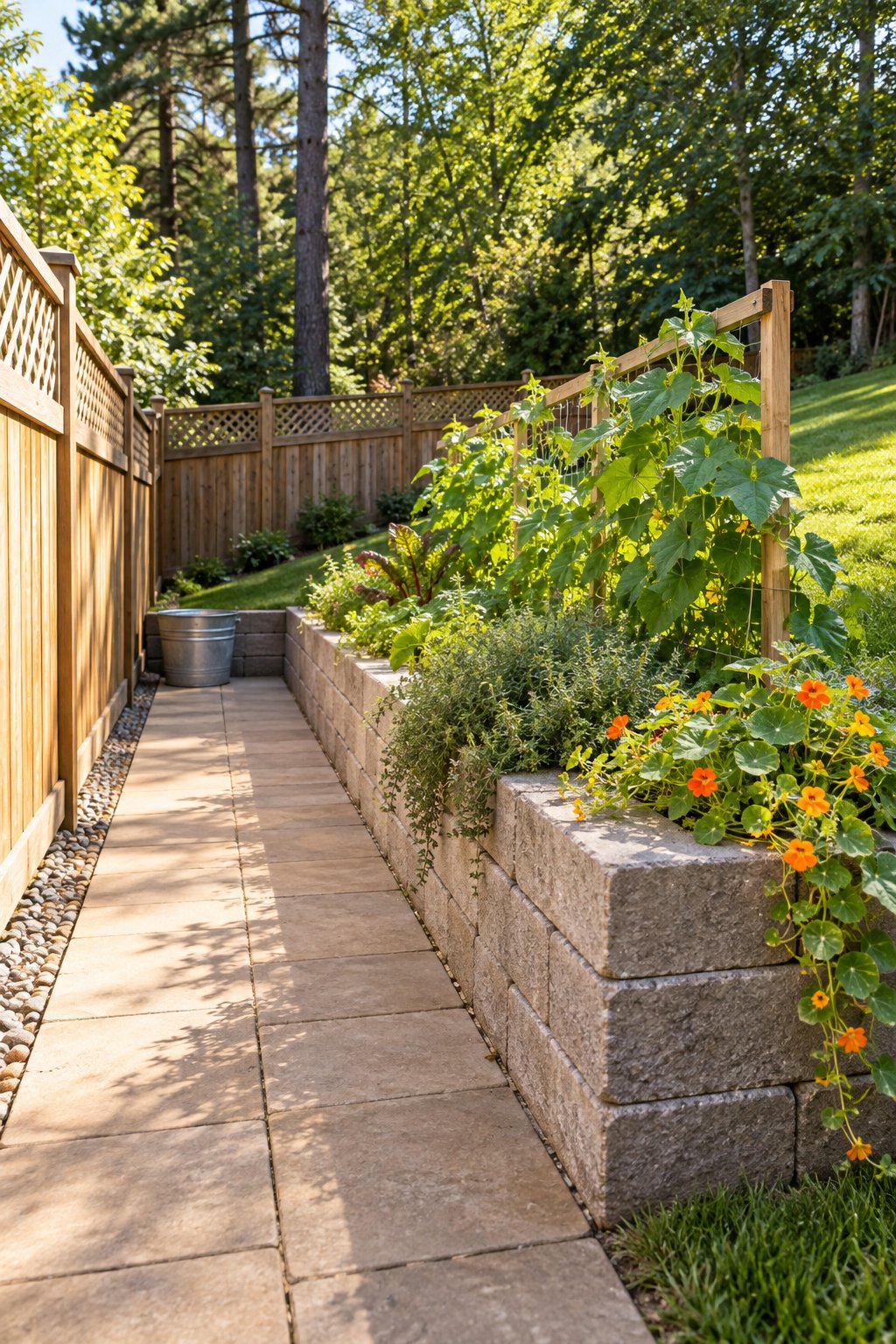 Low stacked concrete block raised garden bed cut into the bottom of a sloped backyard along a wooden fence, with cucumbers on a short frame, low herbs and nasturtiums trailing over the edge and a paver landing