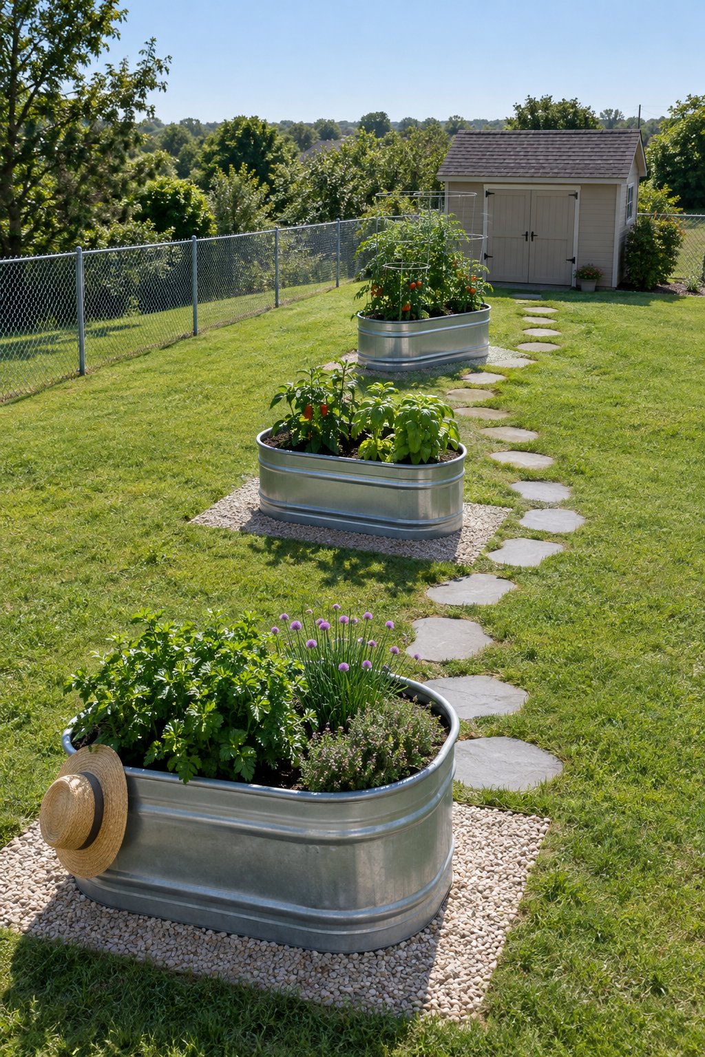 Three oval galvanized trough raised beds on leveled gravel pads down a gently sloping lawn, linked by stepping stones, planted with tomatoes, peppers, basil and mixed herbs