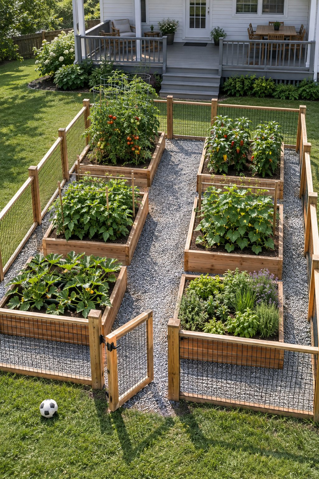 Fenced garden with raised beds, six cedar beds in two rows inside a low post-and-wire fence with a gate, gravel paths and tomatoes, peppers, bush beans, cucumbers, zucchini and herbs