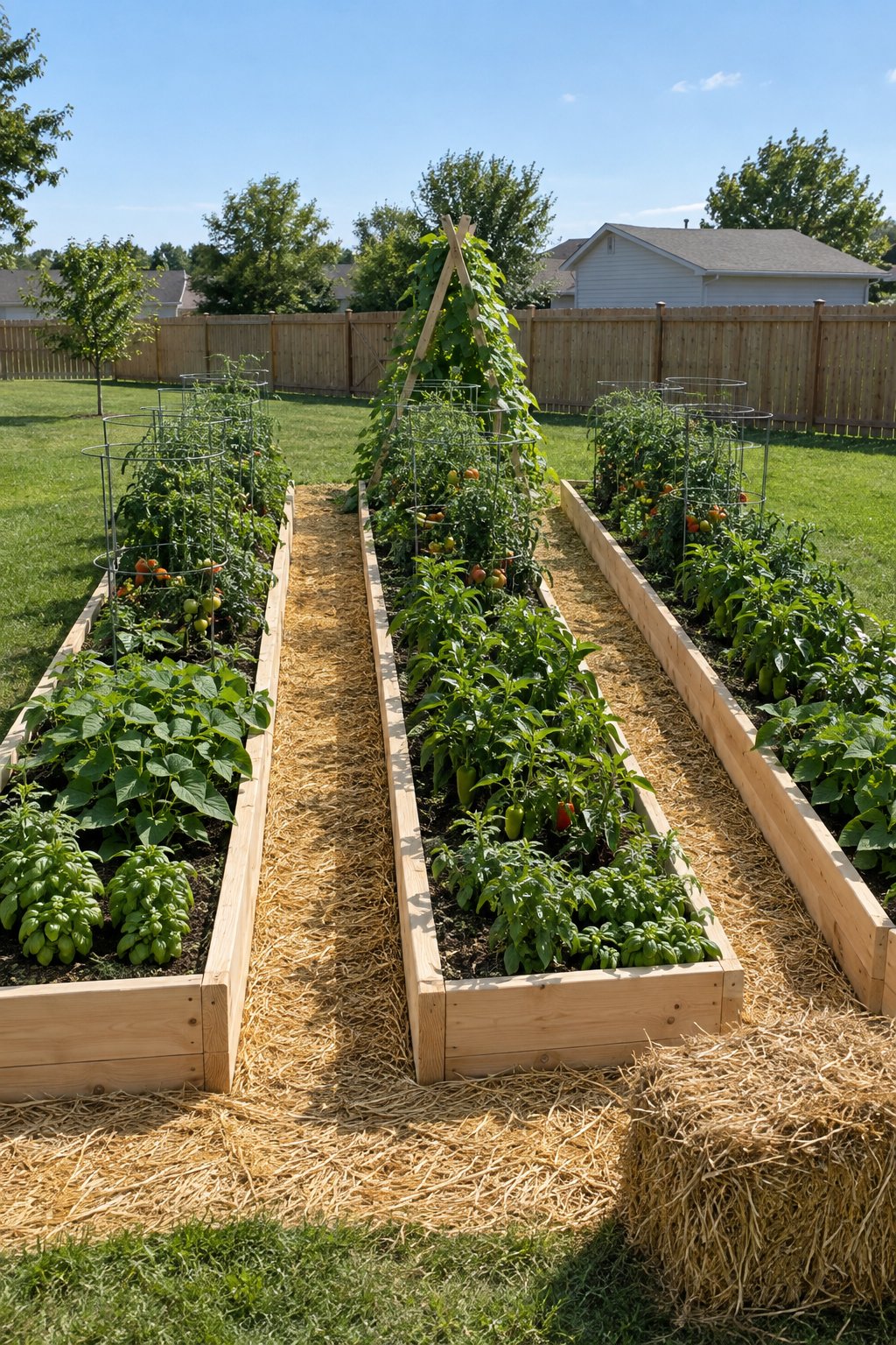 Veg garden layout raised beds, three long parallel wooden beds with straw mulch paths in an open flat backyard, pole beans on an A-frame trellis at the north end, tomatoes in cages and peppers