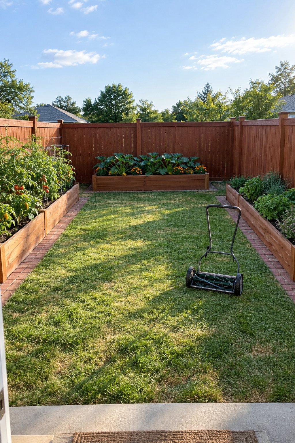 Slim raised garden beds along fence on three sides of a family backyard lawn, with a reclaimed brick mowing strip, tomatoes, peppers, herbs, zucchini and marigolds
