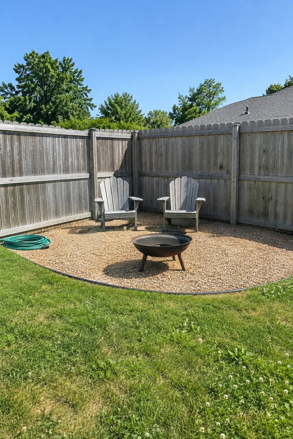 Small backyard fire pit ideas, a portable steel fire bowl and two wooden chairs on a quarter circle of pea gravel in a cedar fence corner with the lawn side open