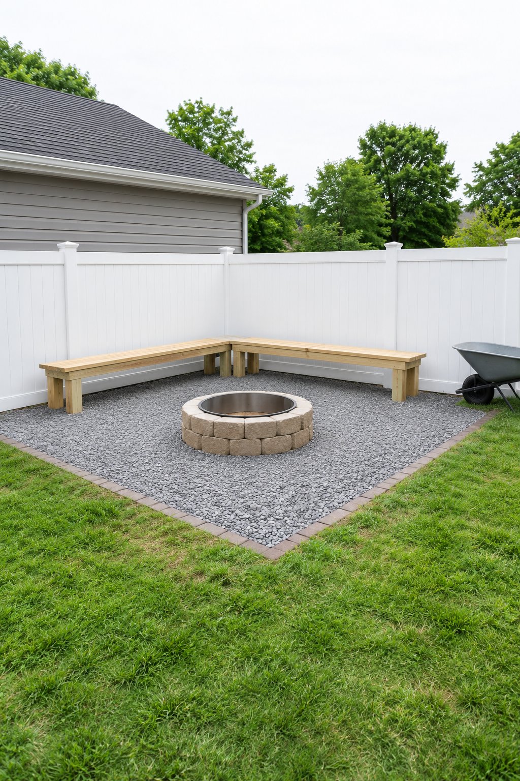 Backyard firepit area in a fence corner with two backless wooden benches in an L on a gravel square facing a low block fire ring with a steel insert