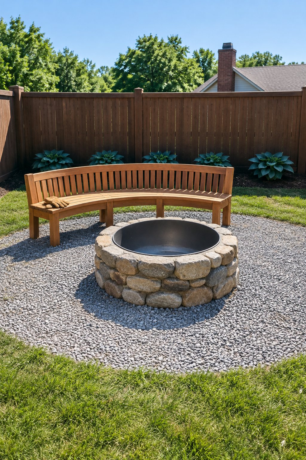 Outdoor fire pit area with one curved wooden bench on crushed stone facing a fieldstone fire ring, hostas along the shaded foot of a wooden privacy fence