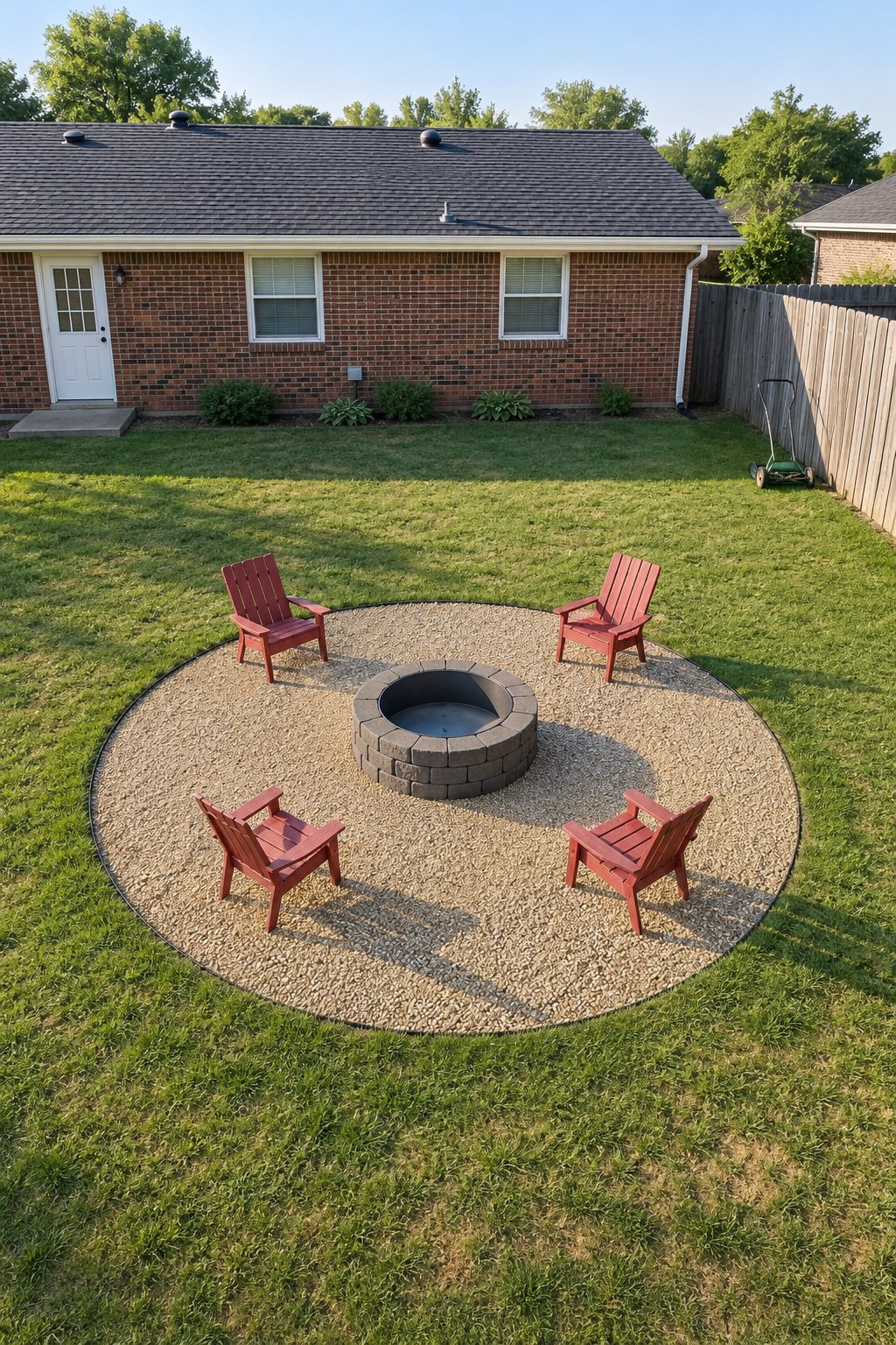 Small backyard fire pit ideas, a round gravel circle in the middle of a small lawn with four low chairs around a block fire ring behind a brick ranch house