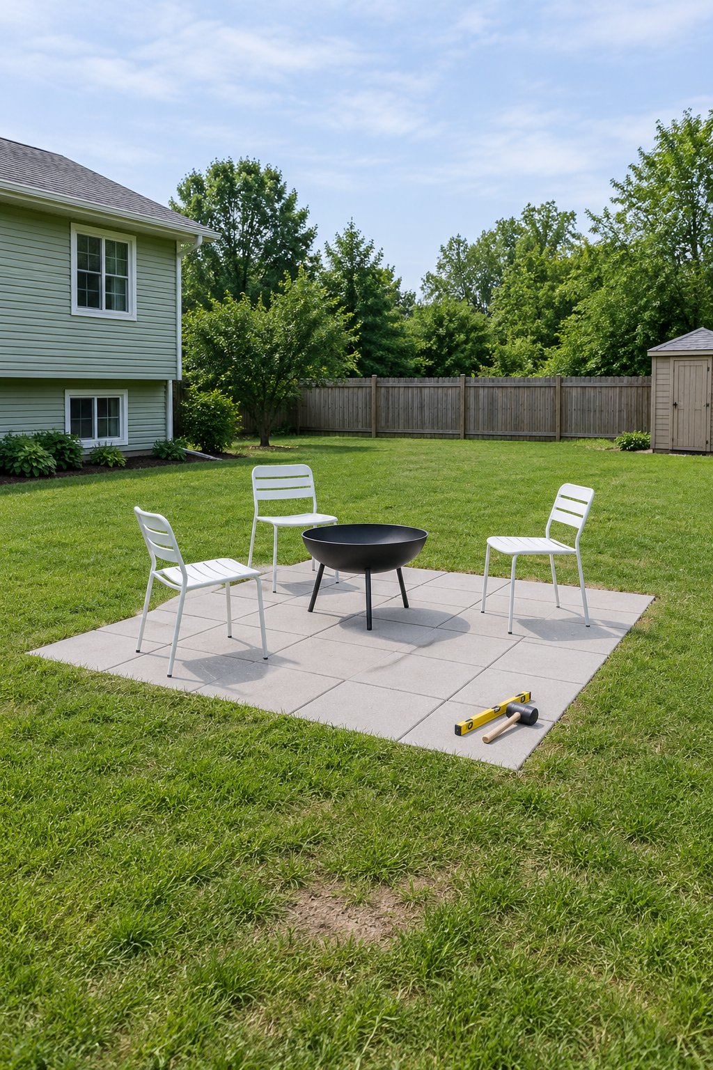 Small fire pit on a square concrete paver pad set into a small lawn with a steel fire bowl on legs and three light stacking chairs behind a split-level house