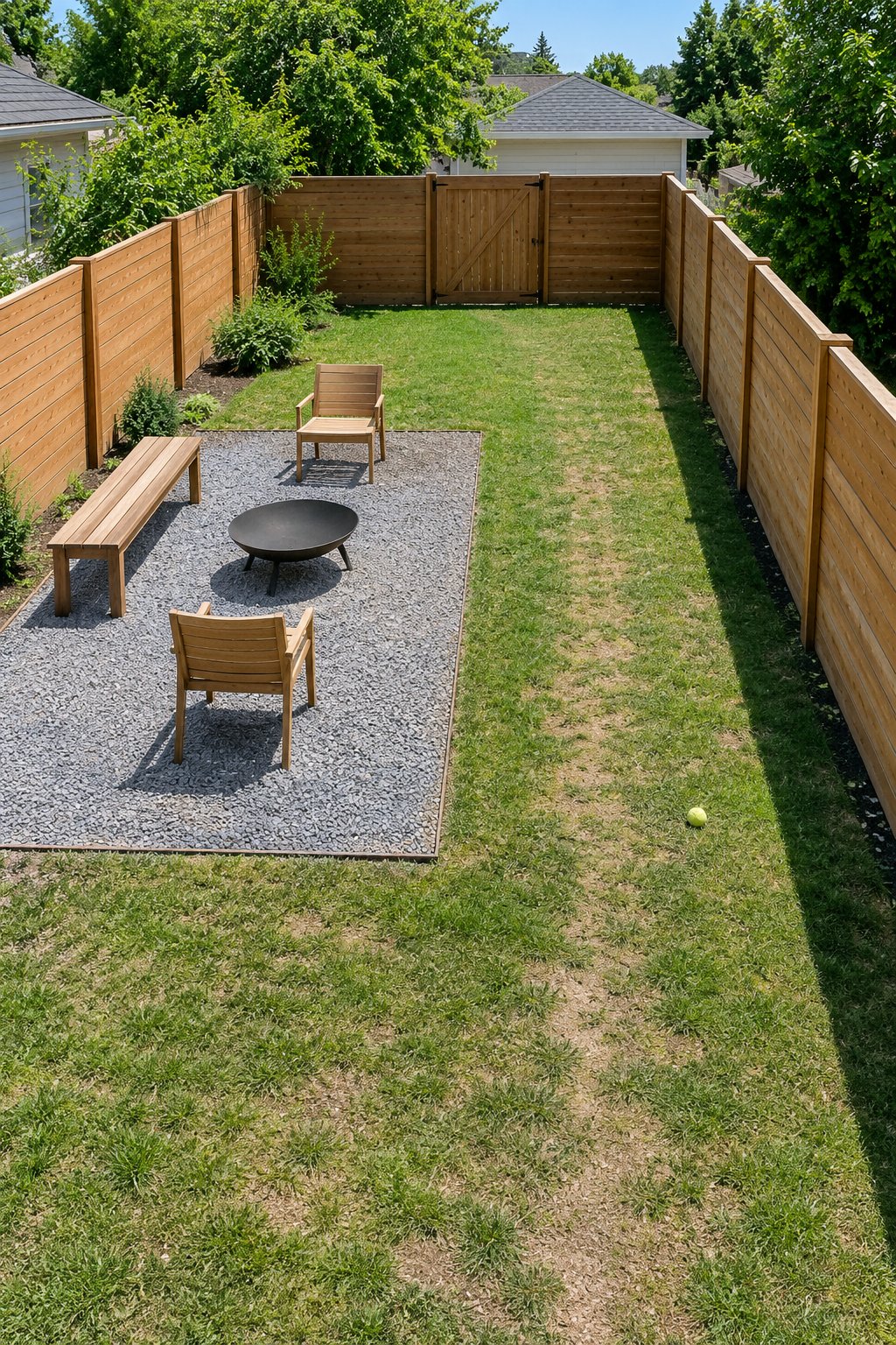 Fire pit layout for a narrow backyard, a gravel pad set to one side with a low steel fire bowl, one bench and two chairs and a straight strip of lawn to the gate