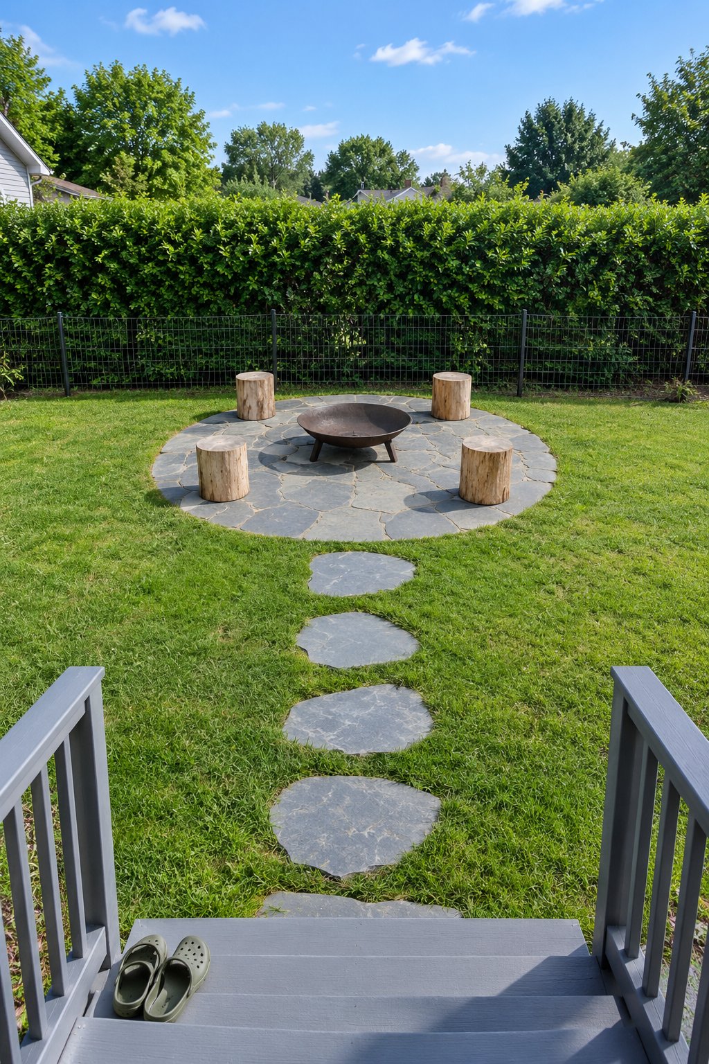 Fire pit seating on a small lawn, five flagstone stepping stones leading to a flagstone circle with a low steel fire bowl and four log stools behind a bungalow
