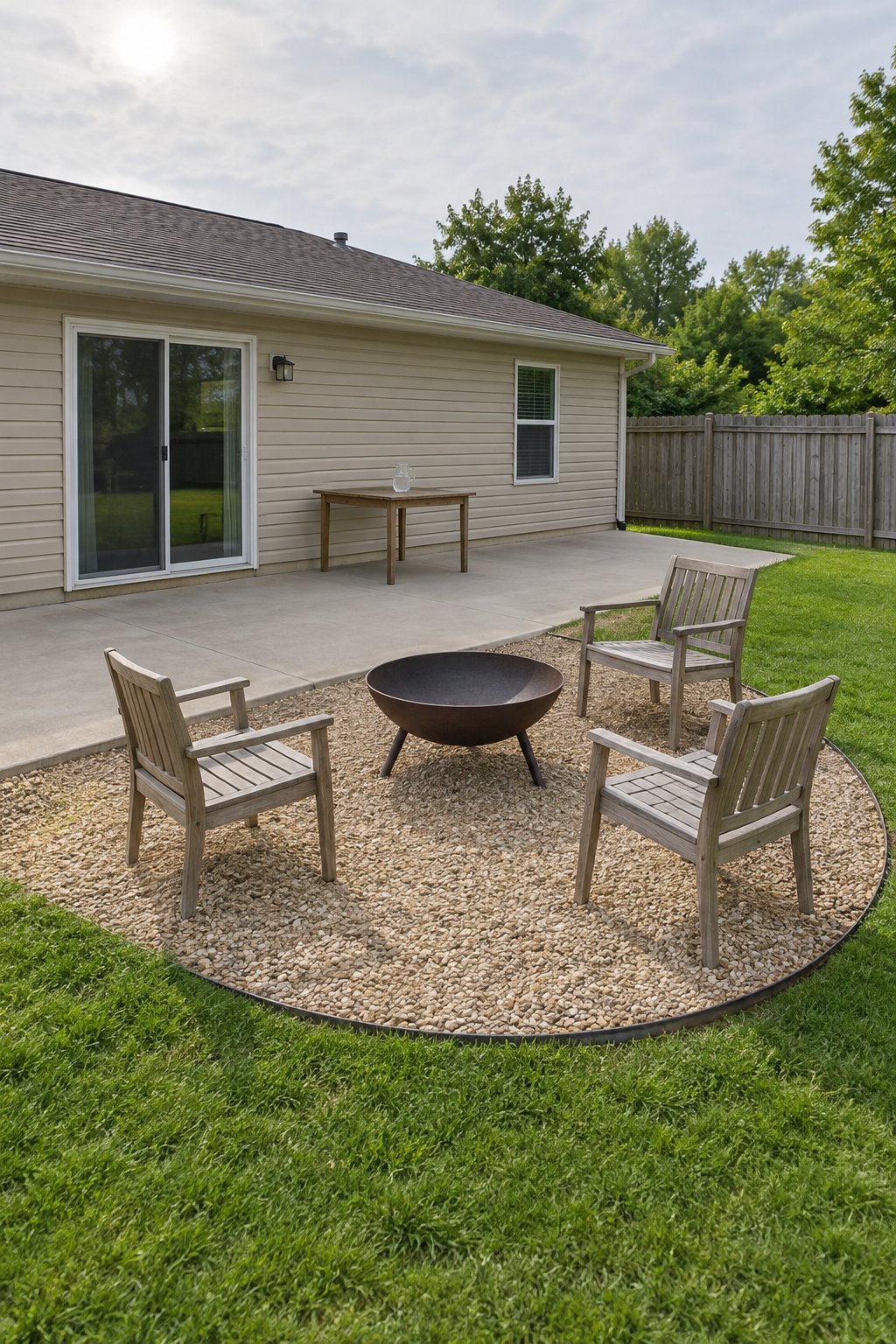 Backyard firepit area beside a patio, a half circle of gravel off a concrete slab with a steel fire bowl and three chairs, the slab clear with a small table
