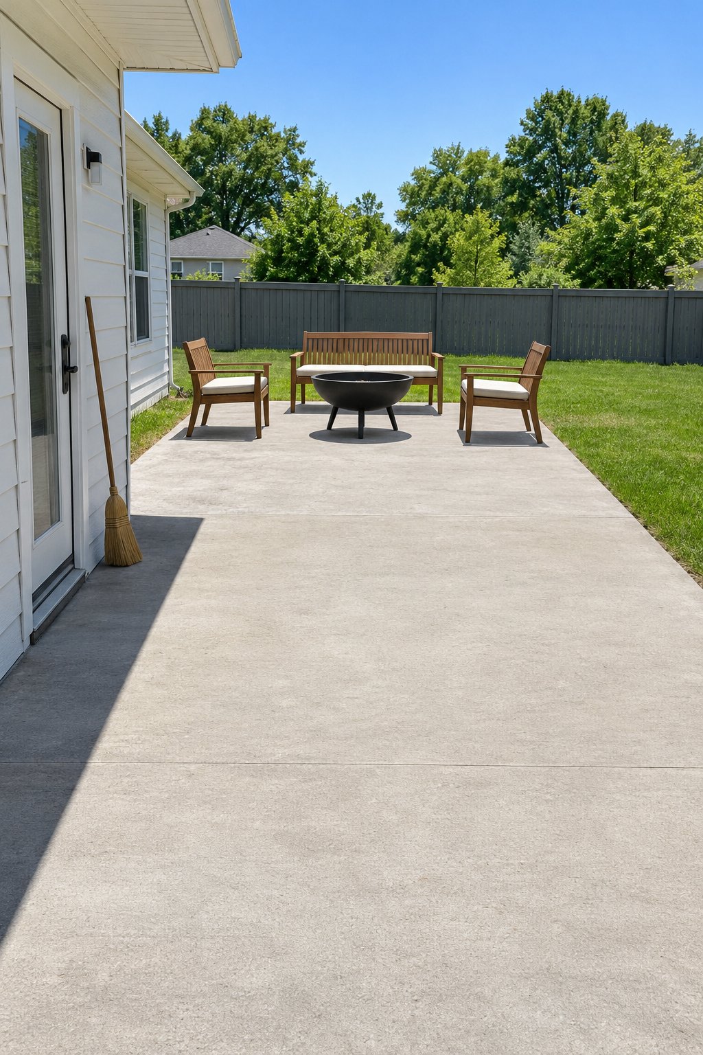 Outdoor fire pit designs for a concrete patio, a steel fire bowl on legs at the far end of a slab with one bench and two chairs and the door half left empty