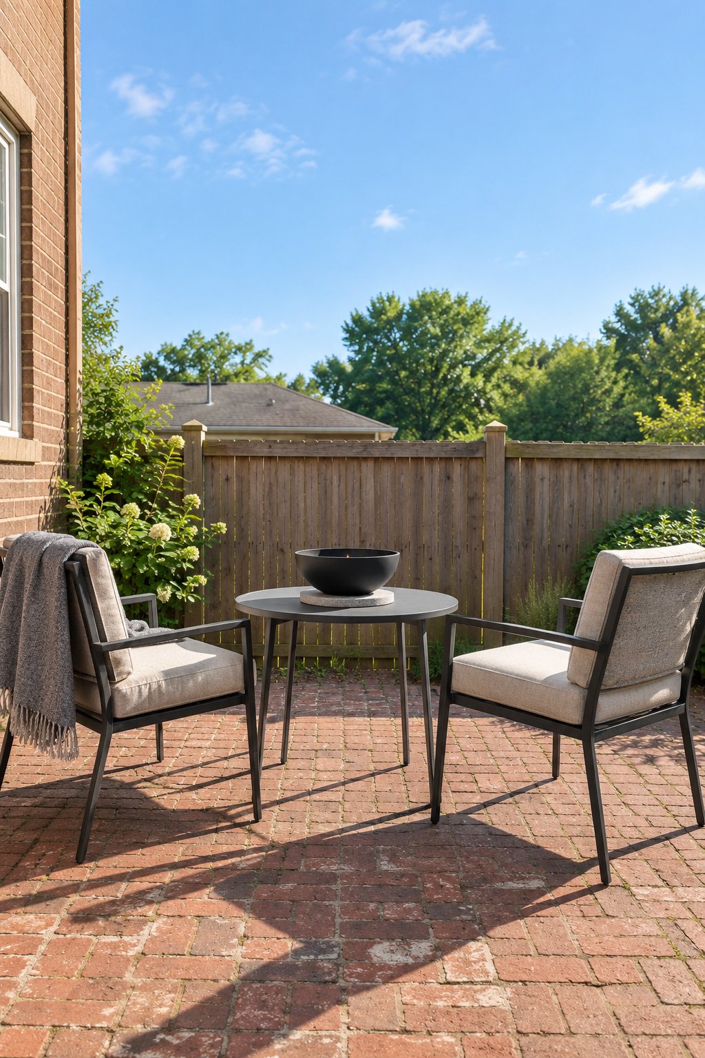 Small fire pit idea for a townhouse patio, a tabletop fire bowl on a small metal outdoor table between two chairs under open sky beside a brick wall