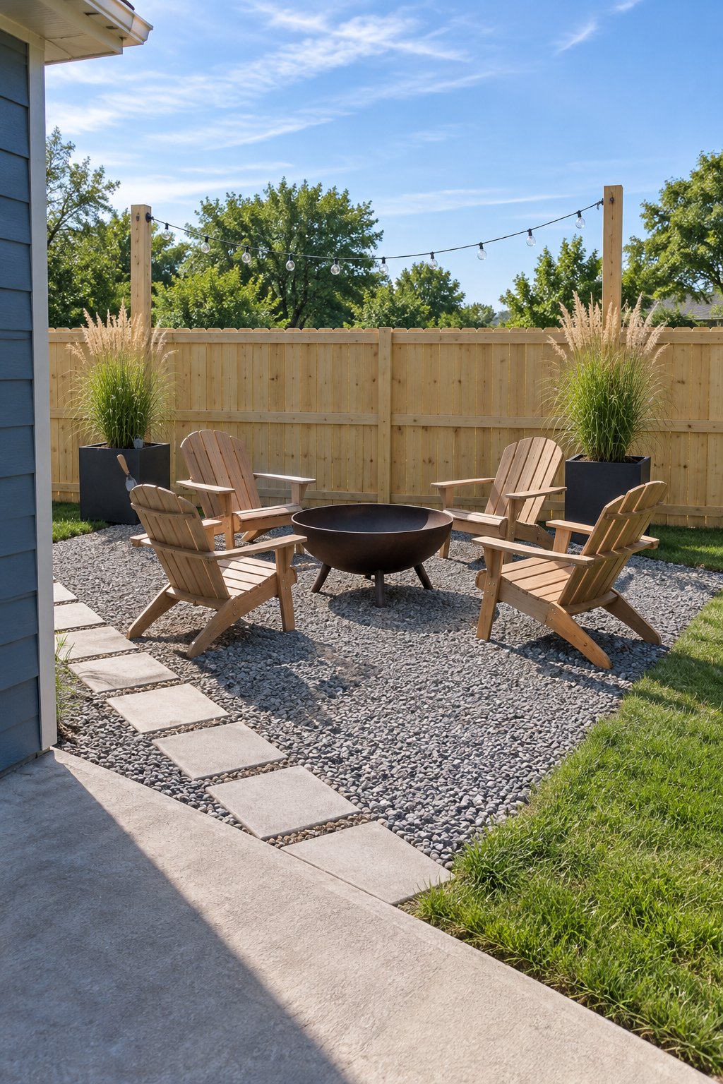 Small backyard fire pit ideas with string lights, a gravel pad at the patio corner with a steel fire bowl, four chairs and two posts in planters of feather reed grass