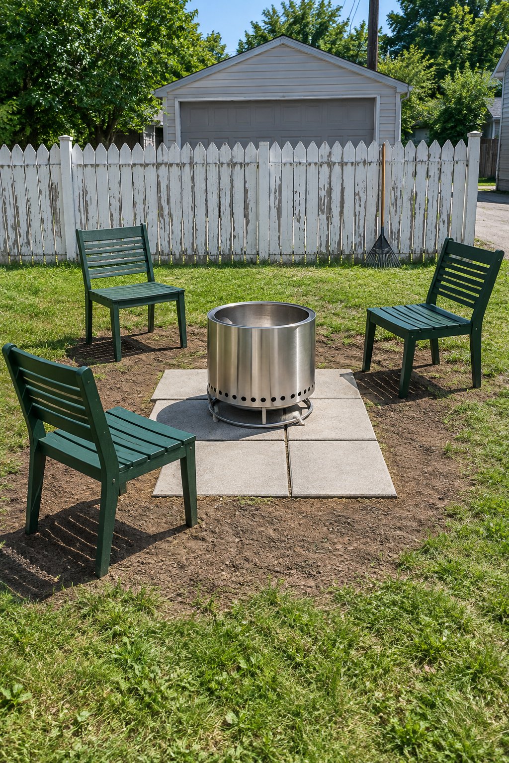 Renter-friendly small fire pit, six large concrete pavers laid loose on bare soil with a double-walled steel drum fire pit and three chairs by a picket fence