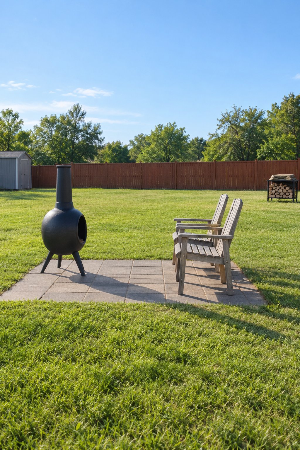 Outdoor fire pit area with a black steel chiminea on a small concrete paver pad and two chairs facing its opening in a small fenced backyard