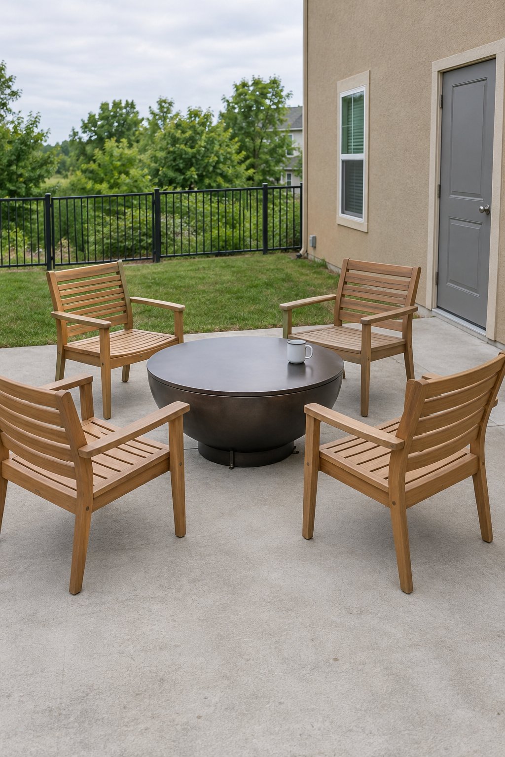 Small fire pit for a rental patio, a round steel fire bowl with its flat lid on used as a coffee table with four chairs on a plain concrete pad