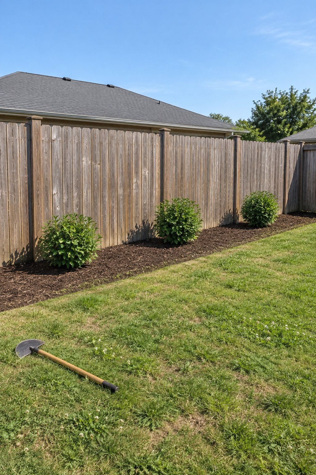 Small backyard ideas on a budget, a mulched bed about two feet deep with three young shrubs along a wooden fence beside a small lawn