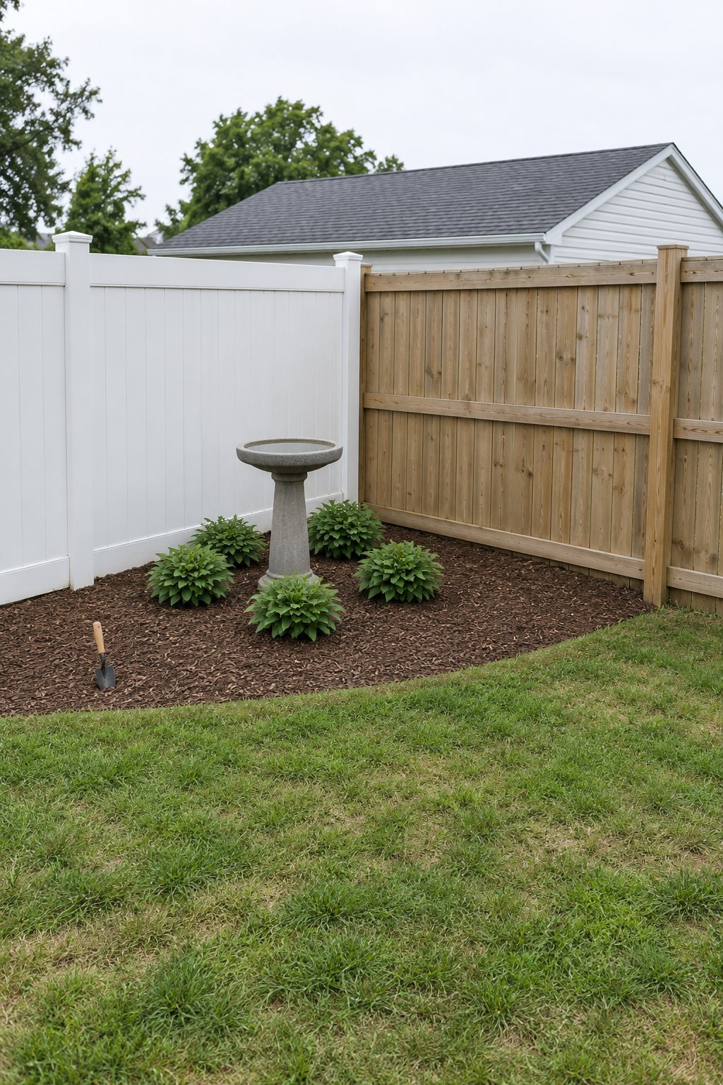 Small backyard landscaping ideas, a curved mulched corner bed with a stone birdbath and low green plants where two fences meet