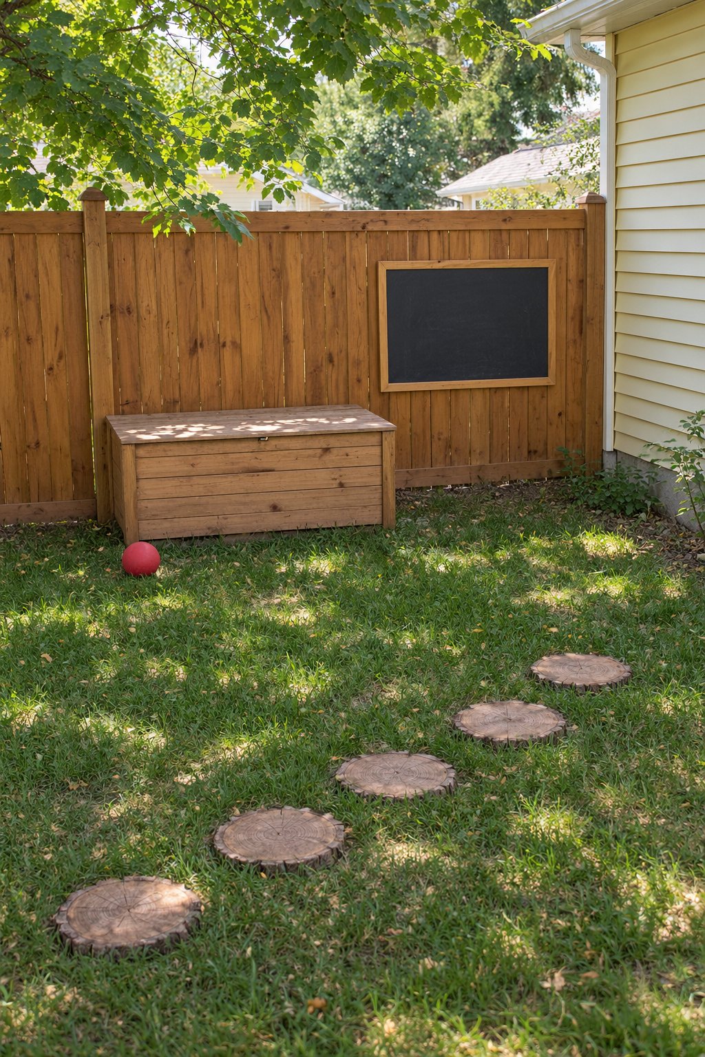 Small backyard ideas for families, a kids corner with a lidded wooden storage bench, an outdoor chalkboard on the fence and a row of log rounds in the lawn