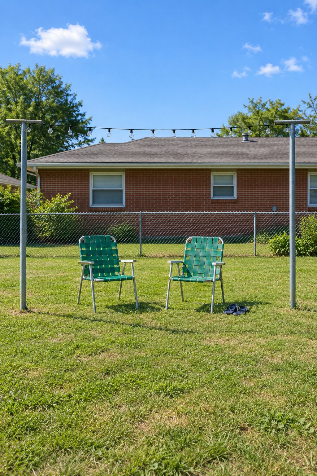 Small backyard ideas on a budget easy enough for an evening, one strand of string lights between two old metal clothesline posts with two chairs below on the lawn