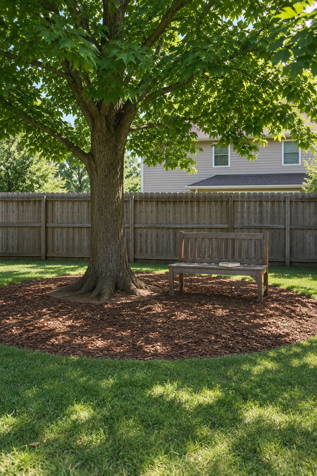 Backyard ideas for small yards, a wide circle of bark mulch under a shade tree with a wooden bench, the mulch kept clear of the trunk