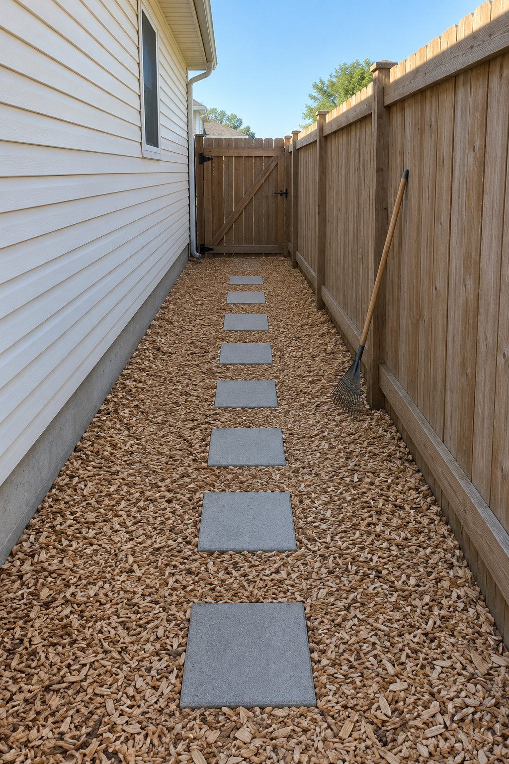 Small narrow backyard ideas, a side yard path of wood chips with a line of flat stepping stones between a house wall and a fence
