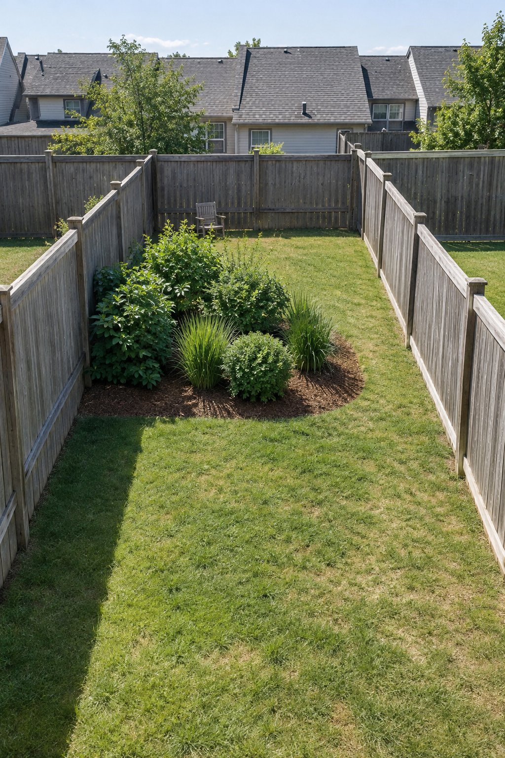 Small narrow backyard ideas, a mulched bed of waist-high green plants reaching partway across a long narrow lawn and dividing it into two parts