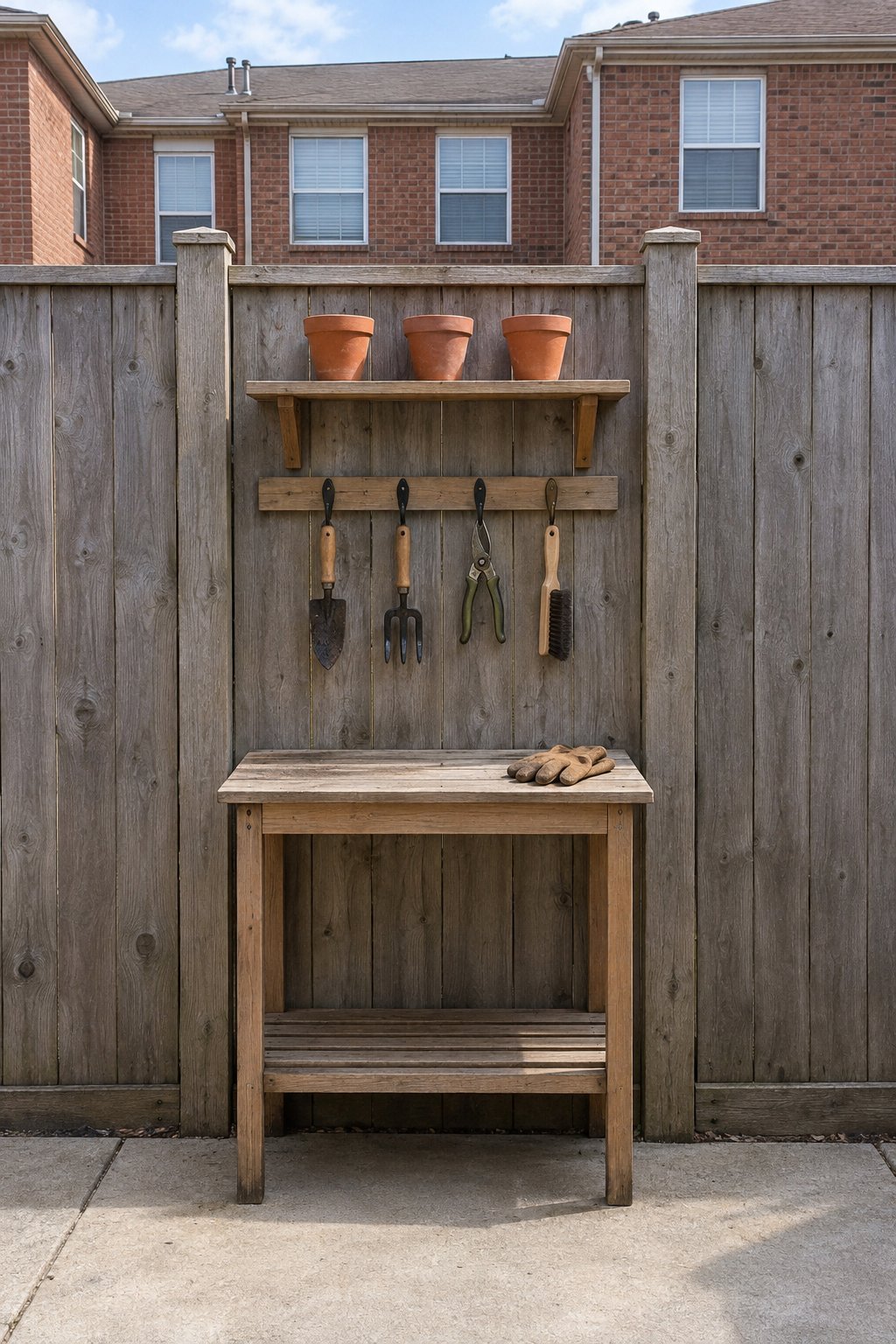 Small townhouse backyard ideas, one fence panel fitted with a row of hooks holding garden tools, a single shelf of pots and a narrow potting table below