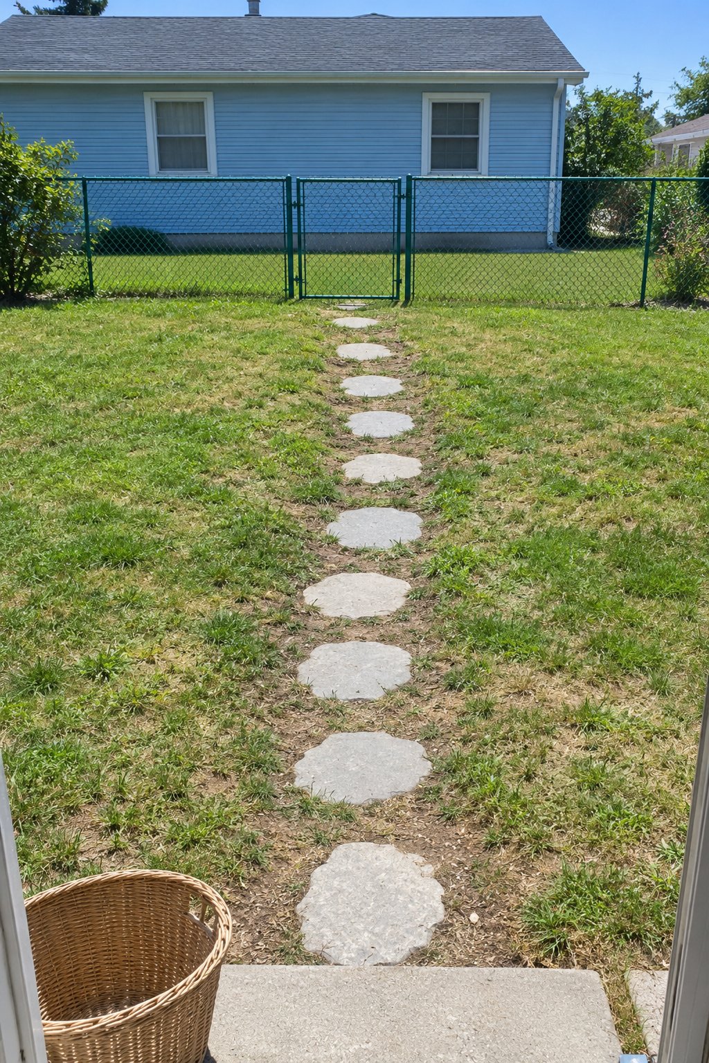 Small backyard landscaping ideas, flat stepping stones set flush in the lawn along a worn track from the back door to the gate