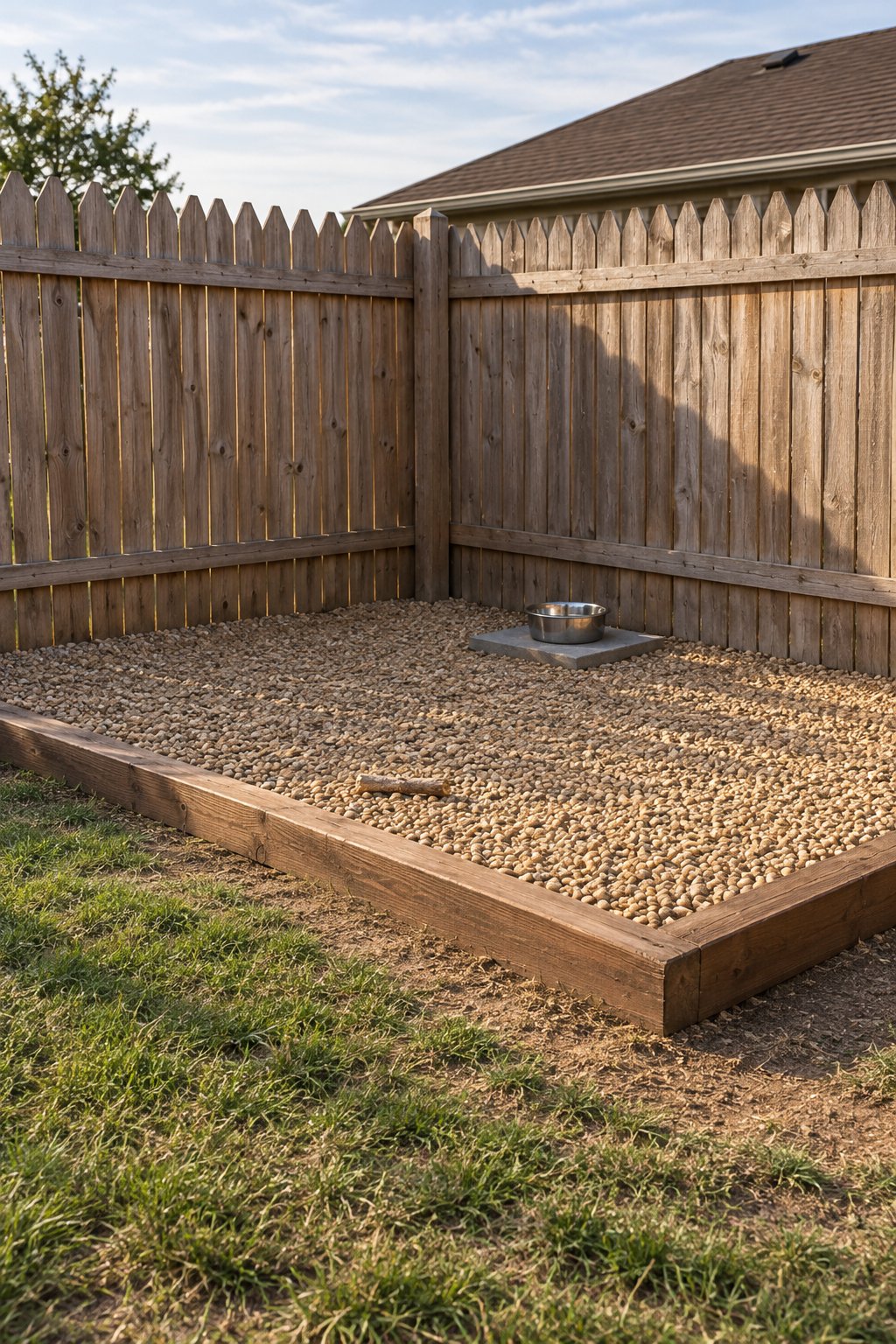 Small backyard ideas with dogs, a fence corner edged with landscape timbers and filled with pea gravel, one flat paver holding a water bowl
