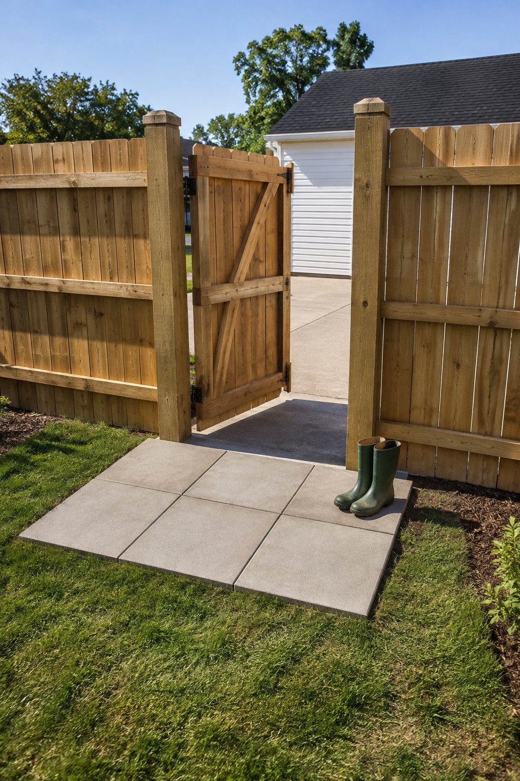Small backyard ideas on a budget, a landing of large concrete pavers set tight together just inside a wooden side gate, lawn around it