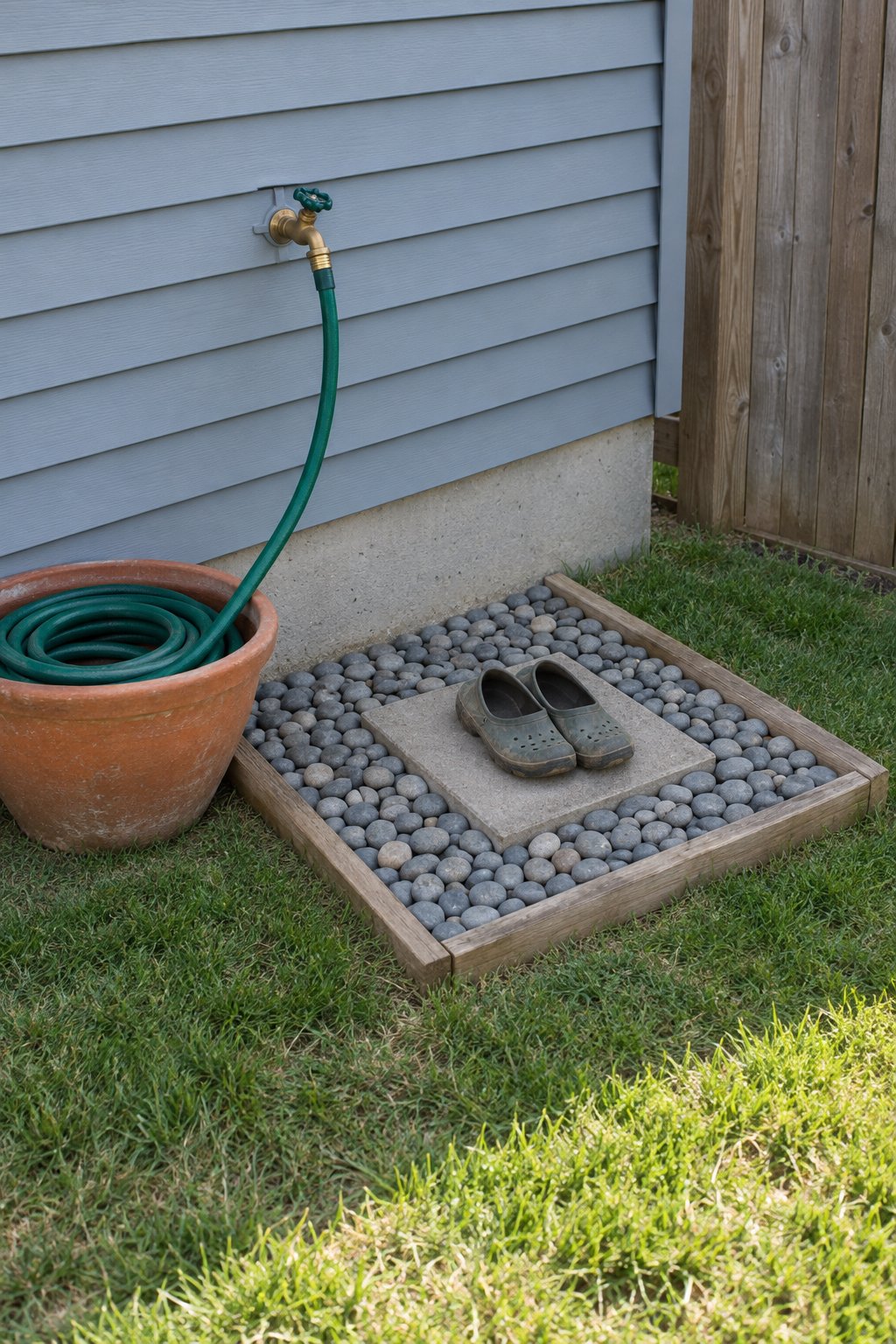 Very small backyard ideas, a square of river stones with one flat paver under an outdoor tap on a house wall, a garden hose coiled in a wide pot
