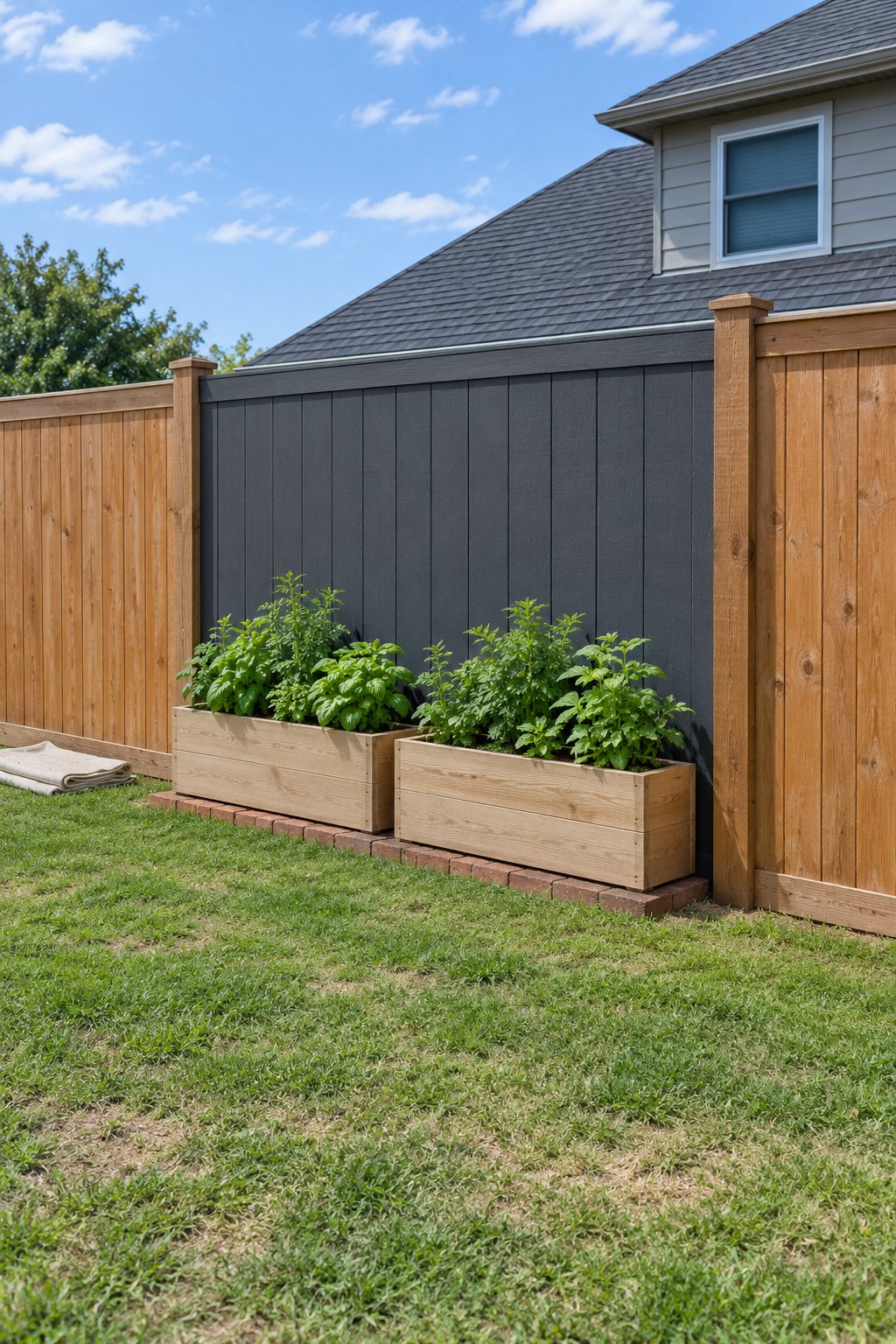 Small backyard ideas on a budget, one section of a wooden fence painted charcoal behind two long planters of green foliage