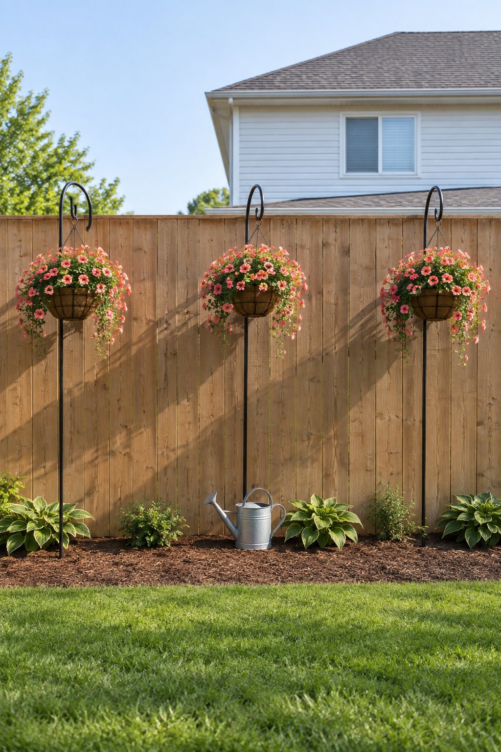 Backyard ideas for small yards, three hanging baskets of the same trailing flowers on shepherd's hooks in a mulched bed along a tall wooden fence
