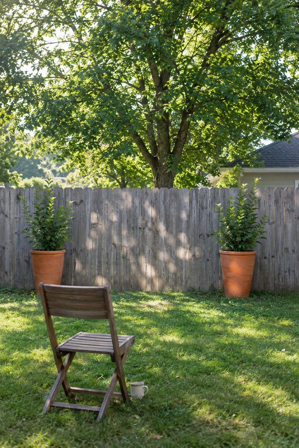 Small backyard landscaping ideas, two tall pots framing the view of a neighbor's large tree above the fence, with one chair on the lawn facing it