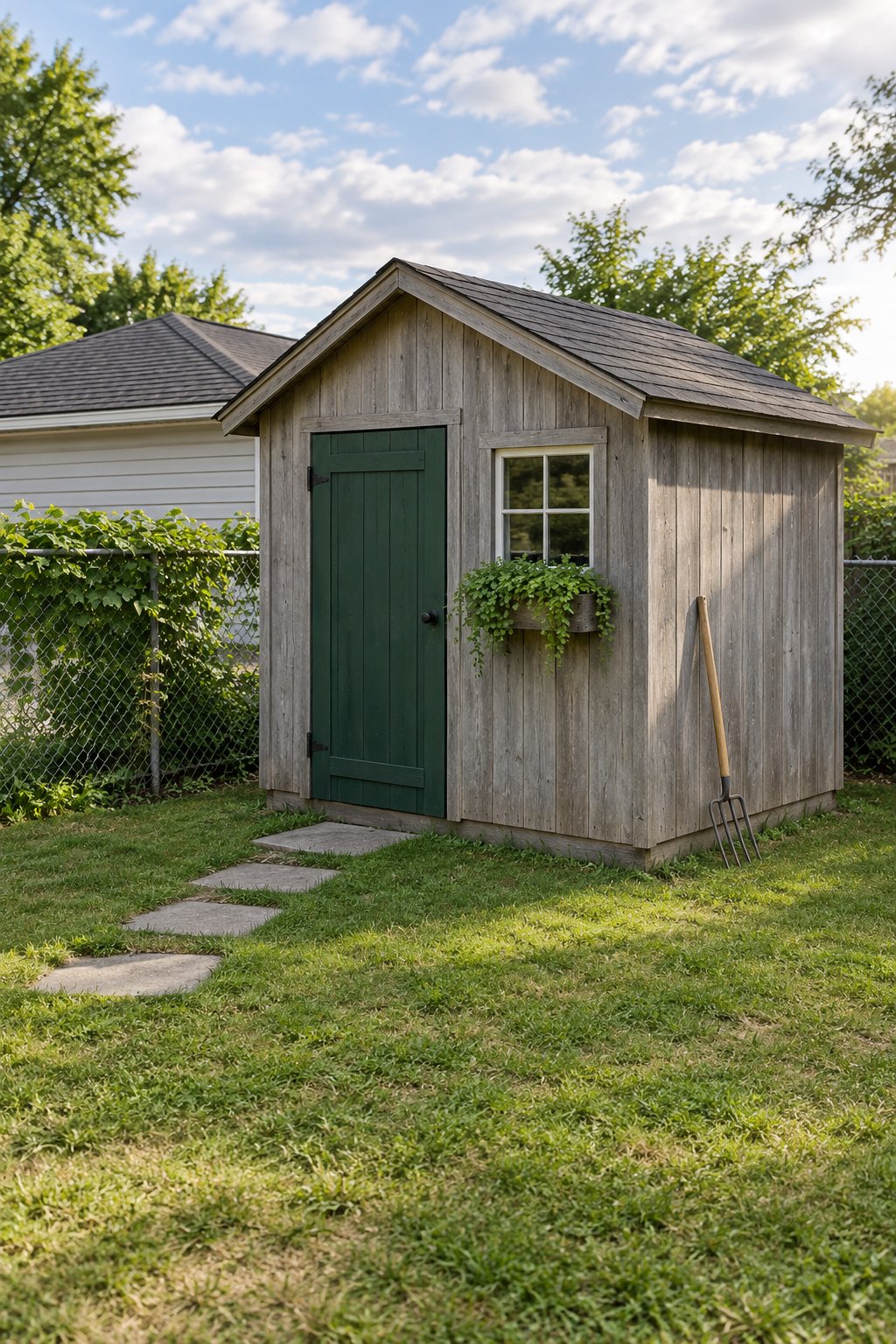 Small backyard ideas on a budget, a plain garden shed with its door painted deep green, one window box and a short stepping-stone path across the lawn