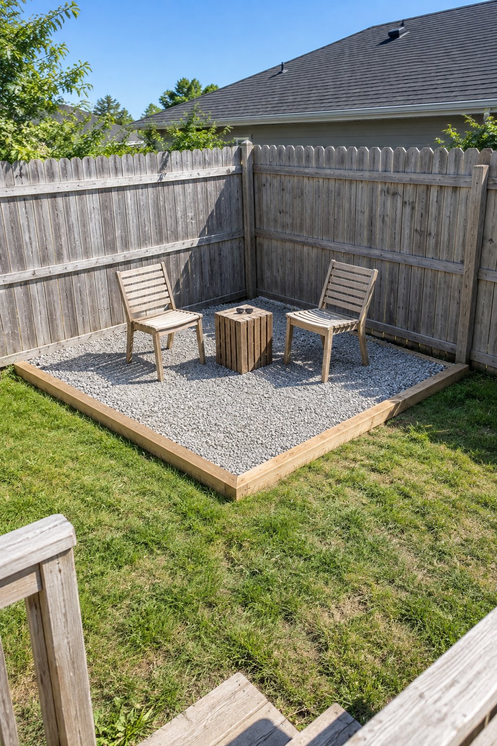 Small backyard ideas on a budget, a square gravel seating corner with timber edging, two chairs and a wooden crate table where two fences meet