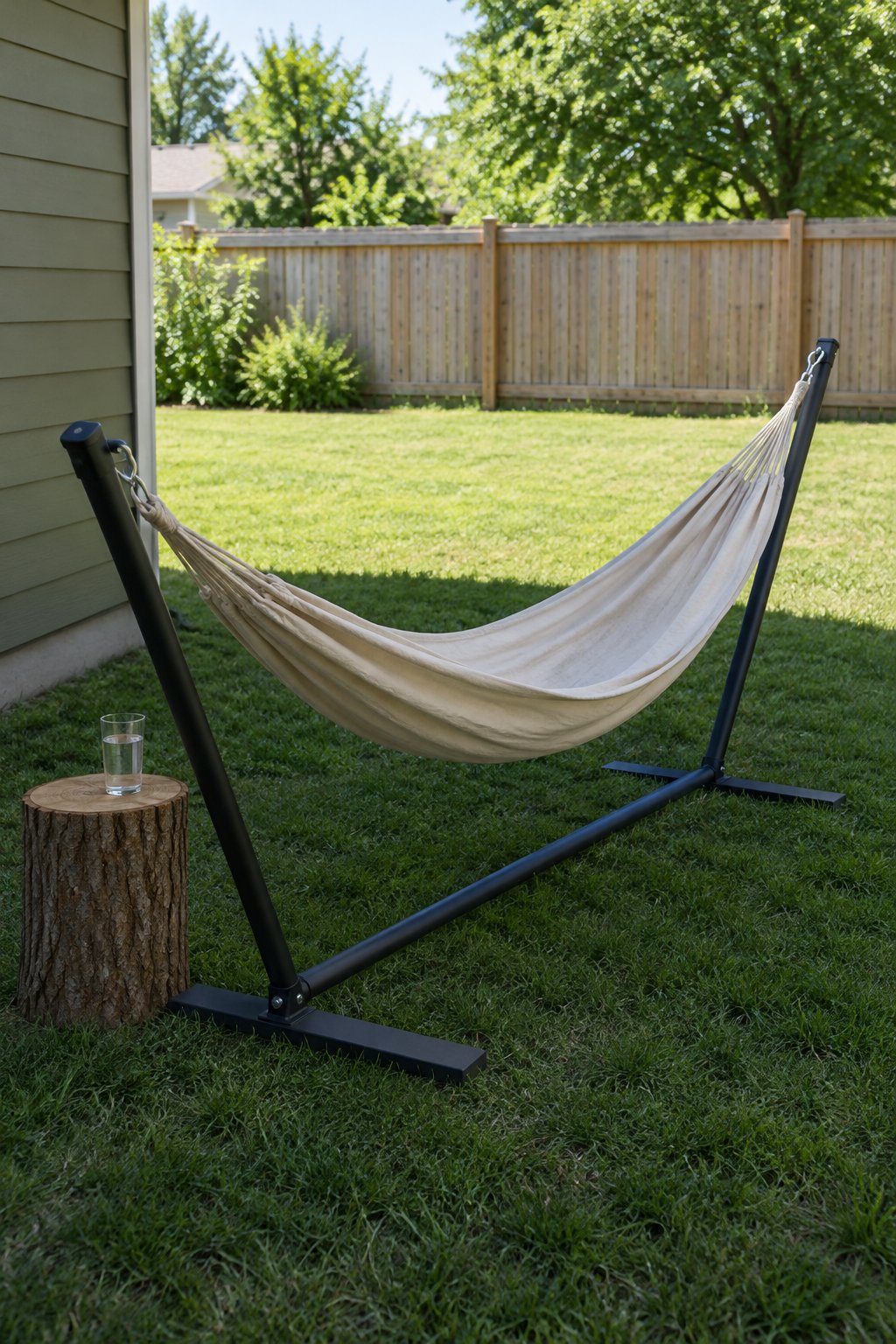 Backyard ideas for small yards and renters, a fabric hammock on a freestanding metal stand on the lawn in the shade of the house, a log stump beside it