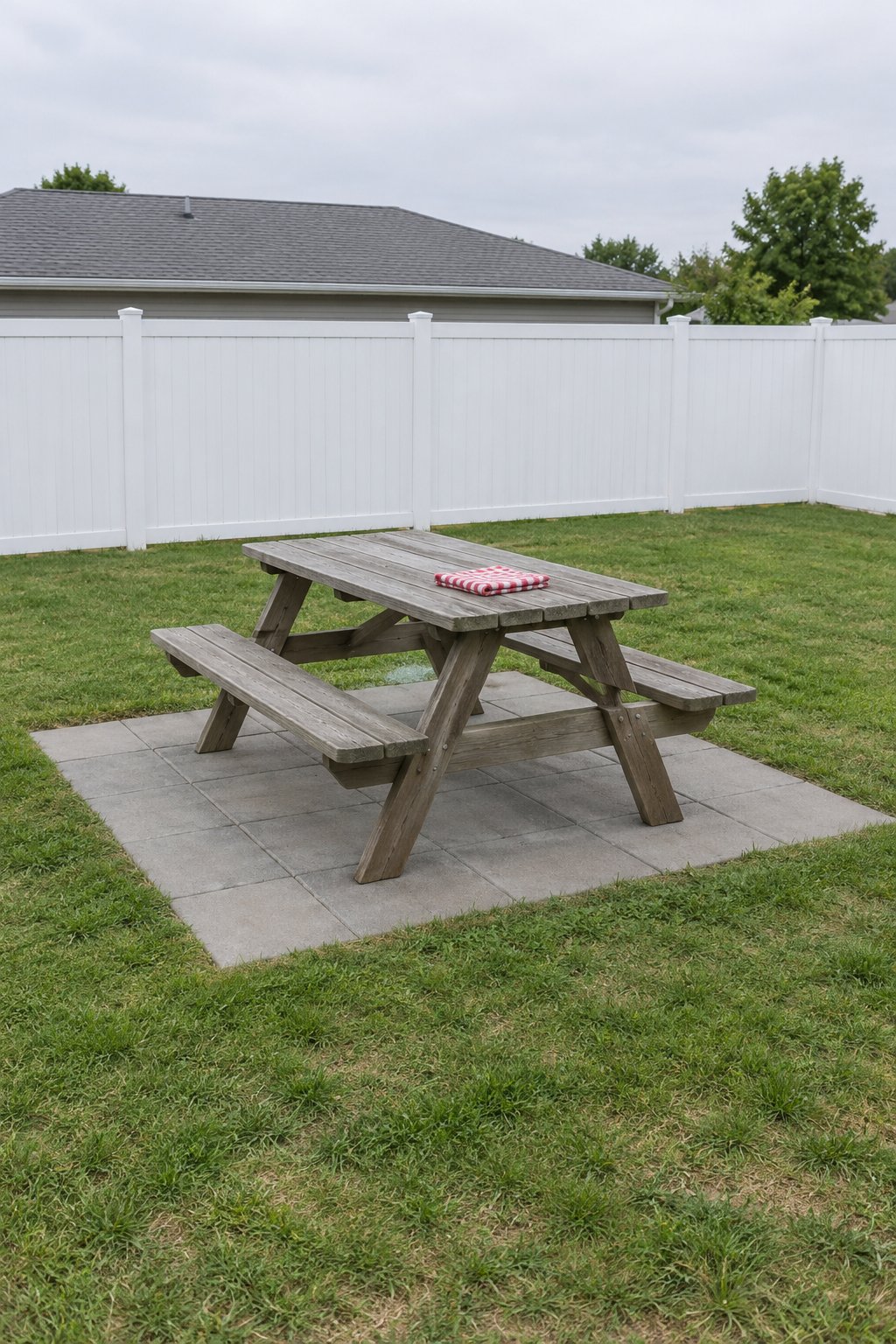 Small backyard ideas on a budget, a wooden picnic table with attached benches standing on a square pad of concrete pavers in a small lawn