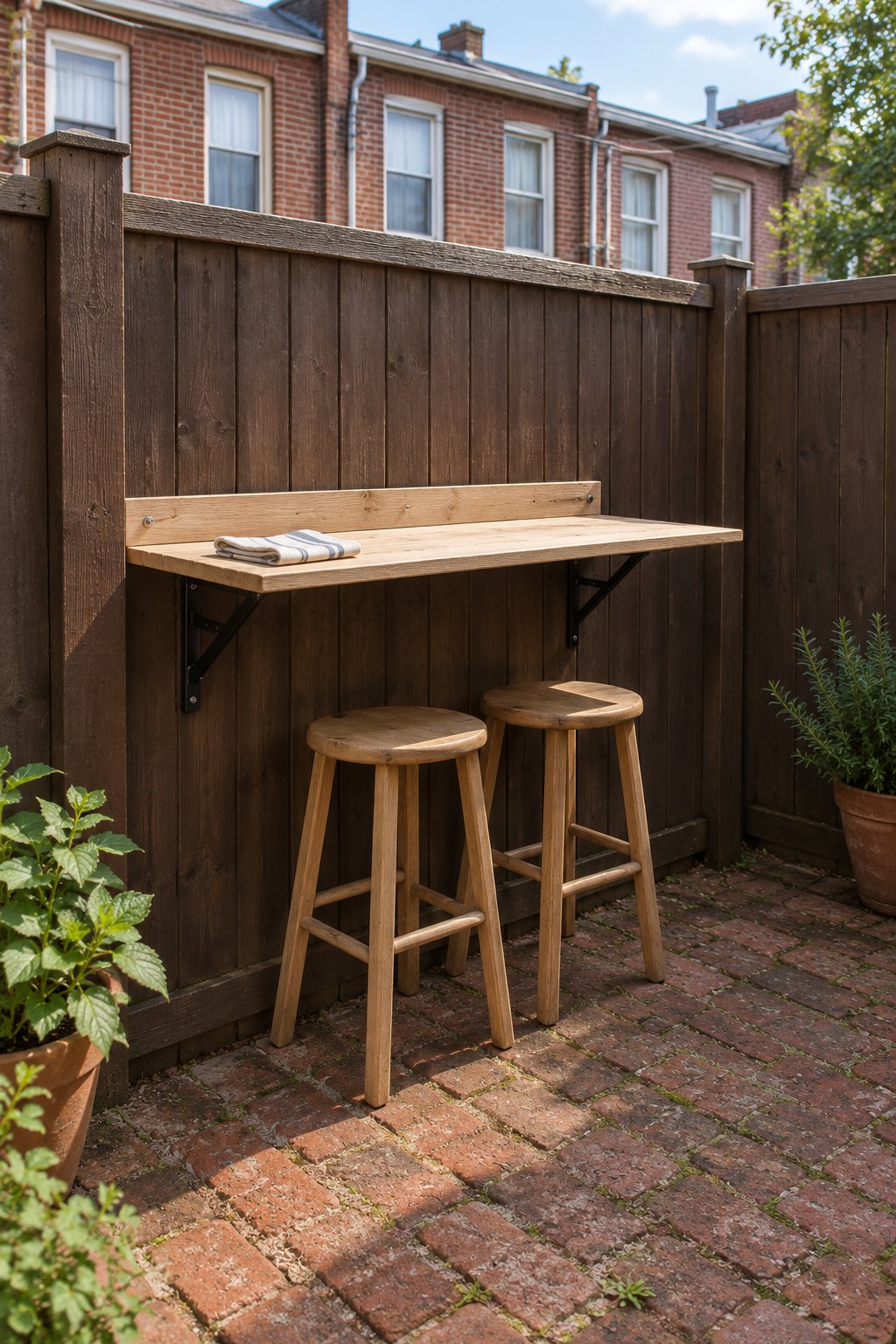 Very small backyard ideas, a fold-down wooden shelf hinged to a fence at elbow height with two stools tucked below in a tiny townhouse yard