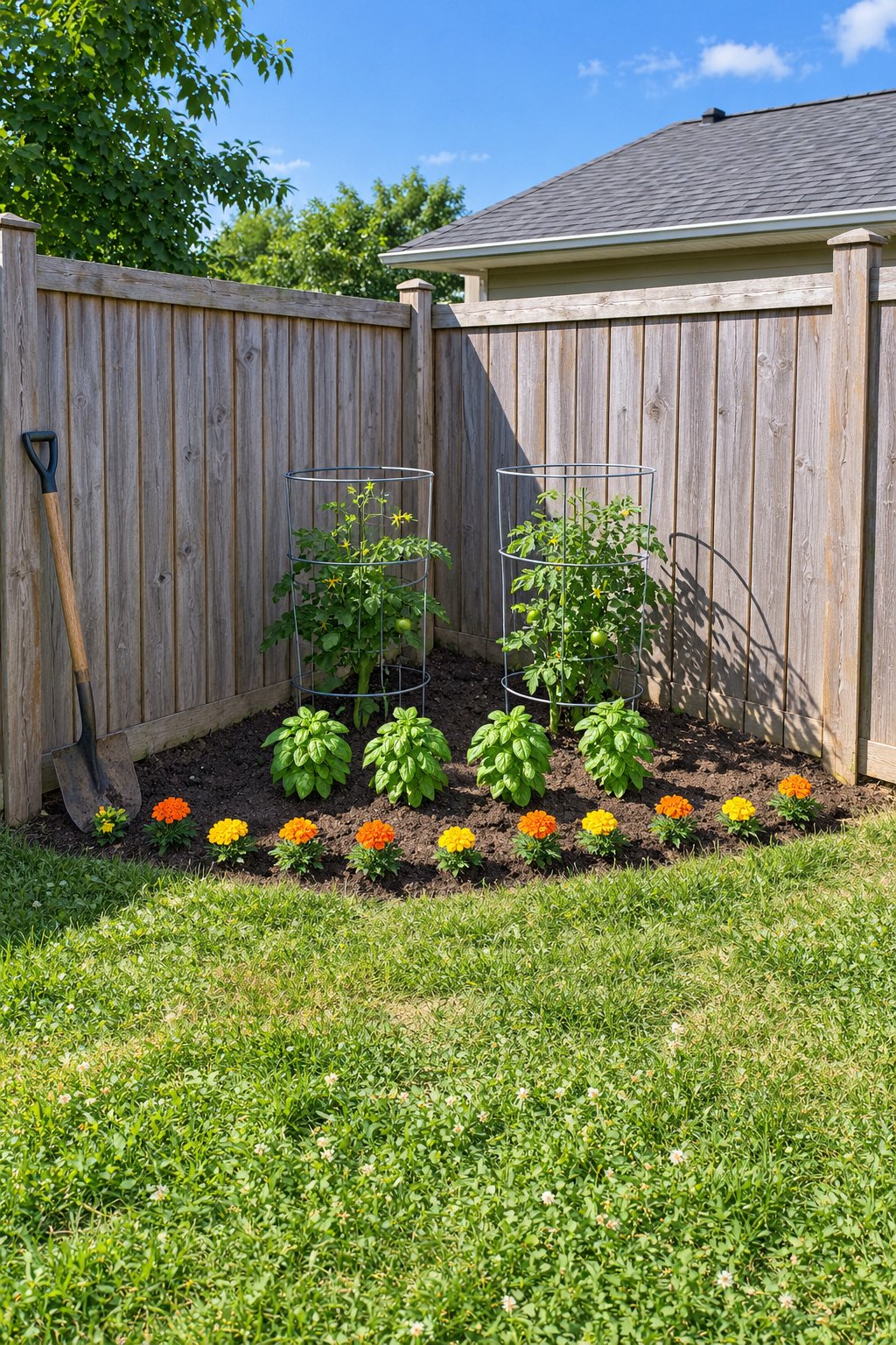 Small vegetable garden ideas, a triangle in-ground bed in a sunny fence corner with two caged tomato plants, basil and a front edge of marigolds