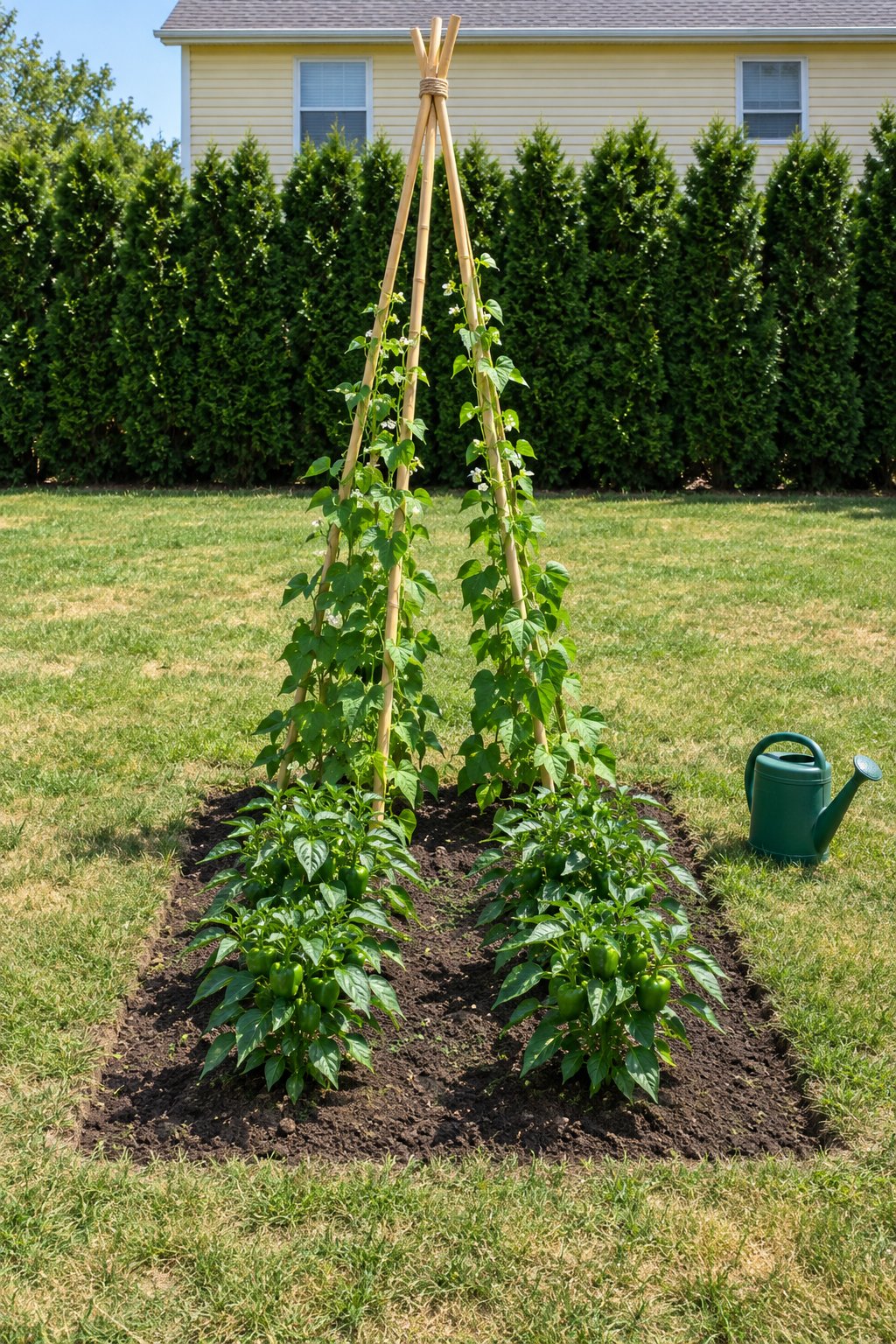 Small vegetable garden design, a square in-ground bed cut into a lawn with a bamboo cane teepee of pole beans on one side and pepper plants in front