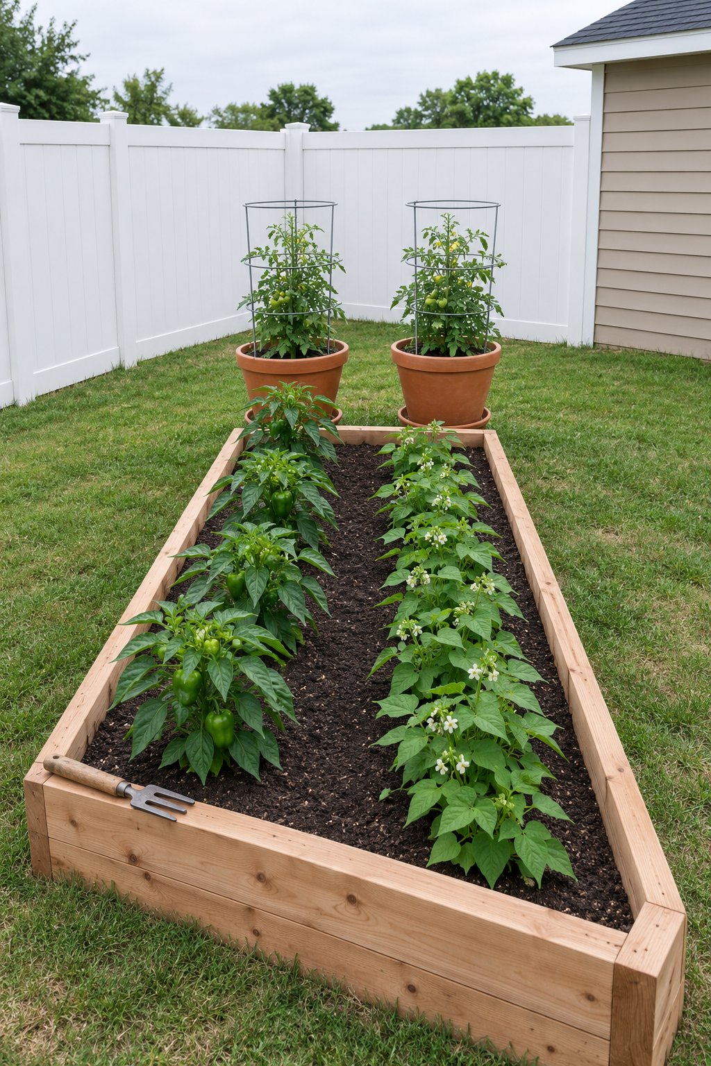 Small backyard vegetable garden, one wooden raised bed of peppers and bush beans with two large pots of caged tomatoes standing at its end