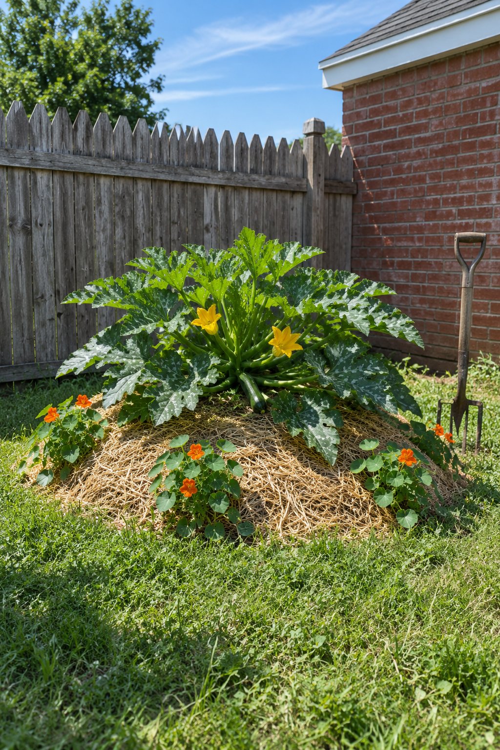 Vegetable garden ideas for a small yard, one zucchini plant on a low mulched mound in a sunny lawn corner with nasturtiums trailing around it